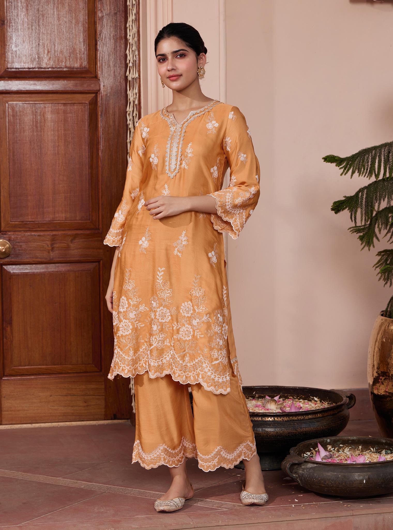 Mulmul Cupro Siya Orange Kurta with Mulmul Cupro Siya Orange Pant