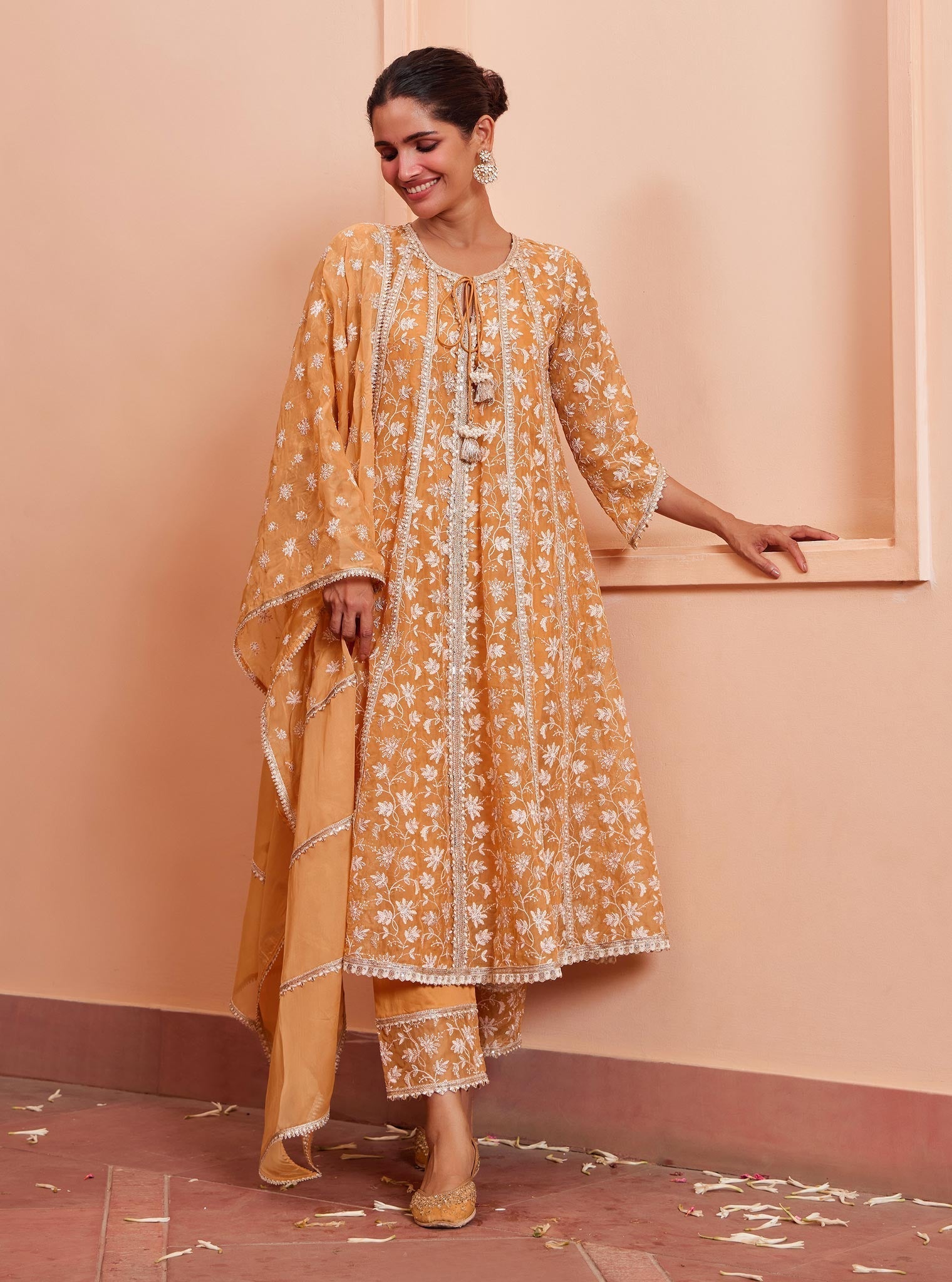 Mulmul Organza Jivya Anarkali Orange Kurta with Mulmul Pima Jivya Orange Pant