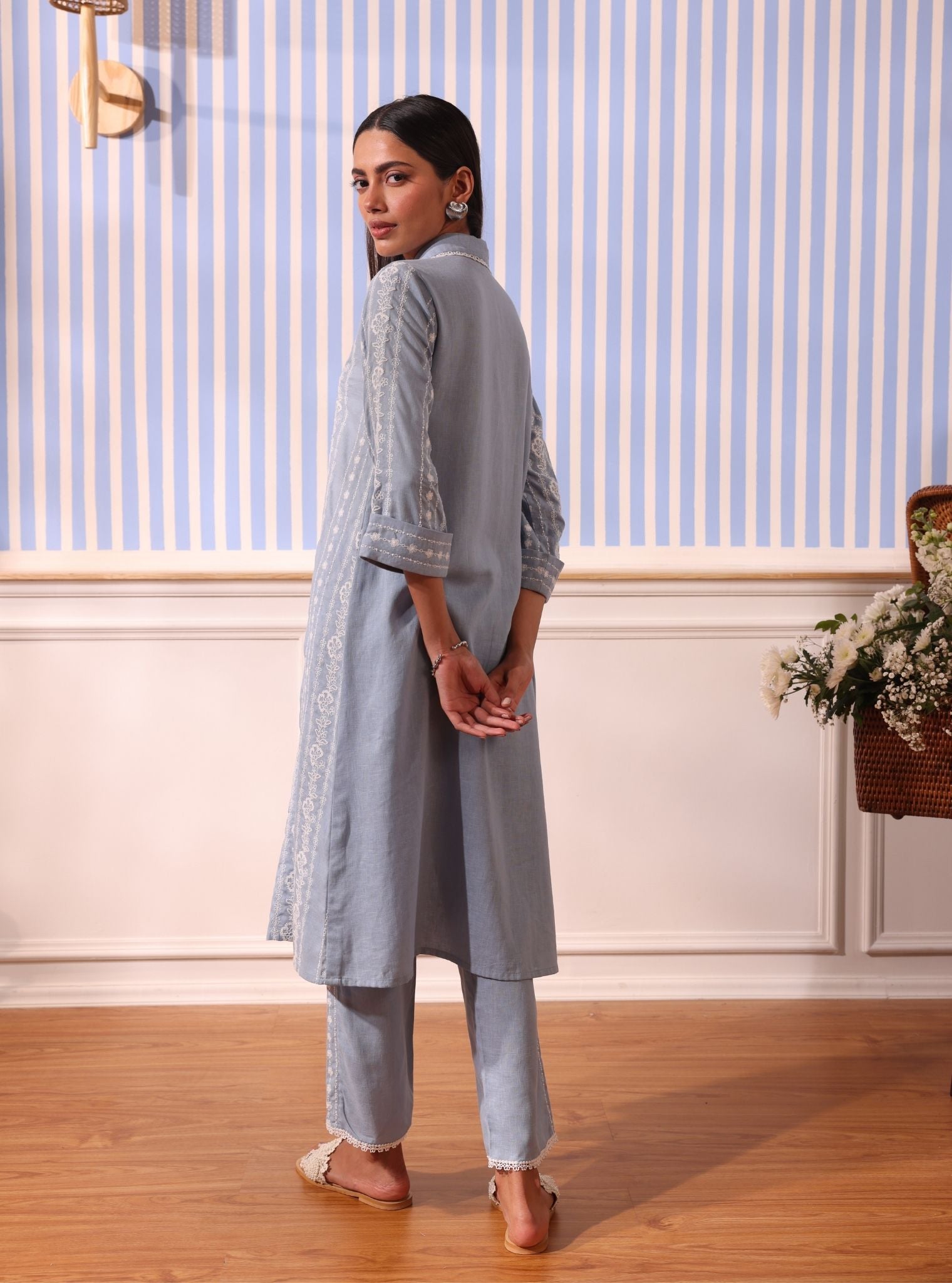 Mulmul Linen Iria Light Blue Kurta With Mulmul Linen Iria Light Blue Pant