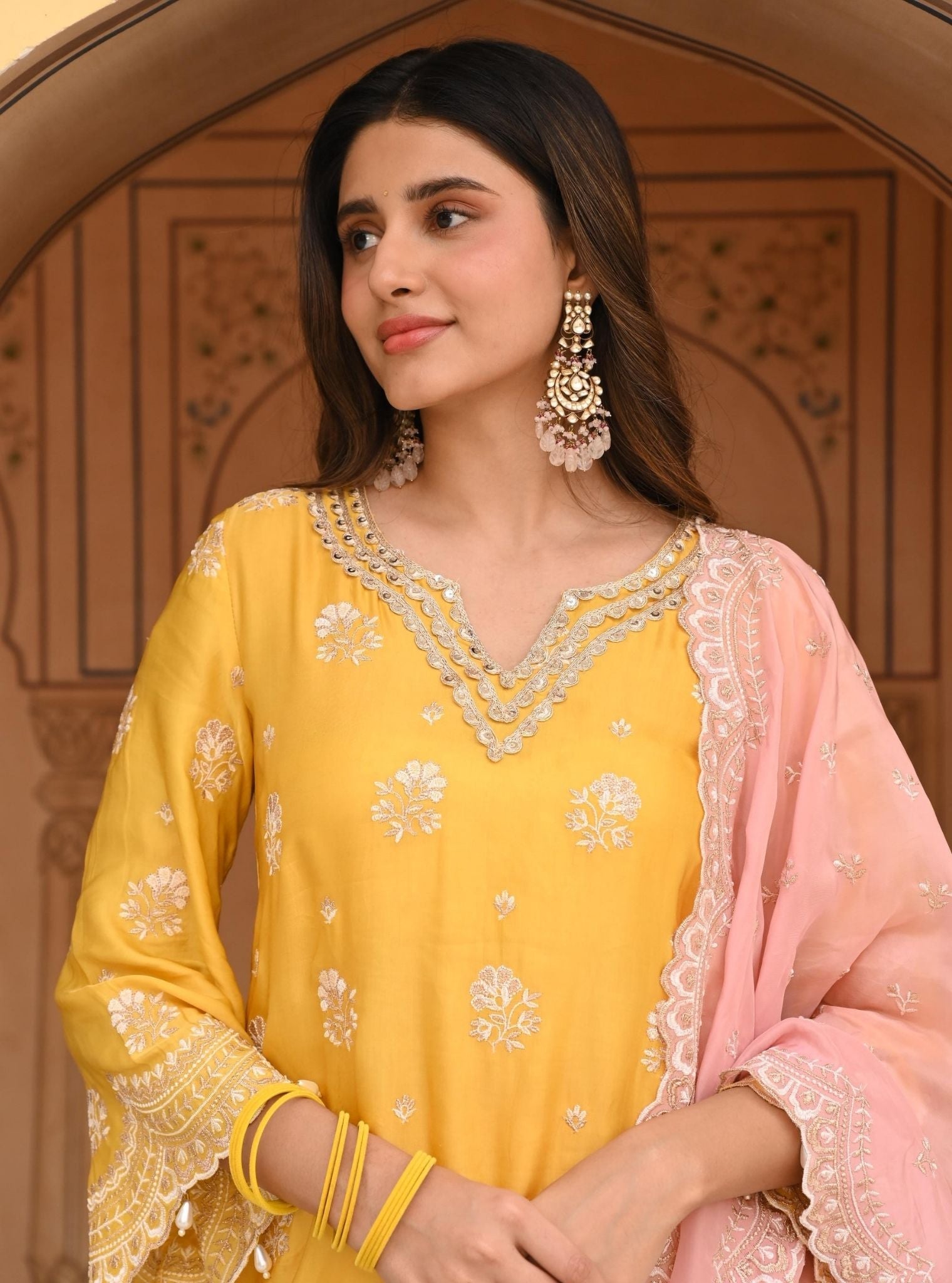 Mulmul Modal Satin Mehar Yellow Kurta with Mulmul Modal Satin Mehar Yellow Pant