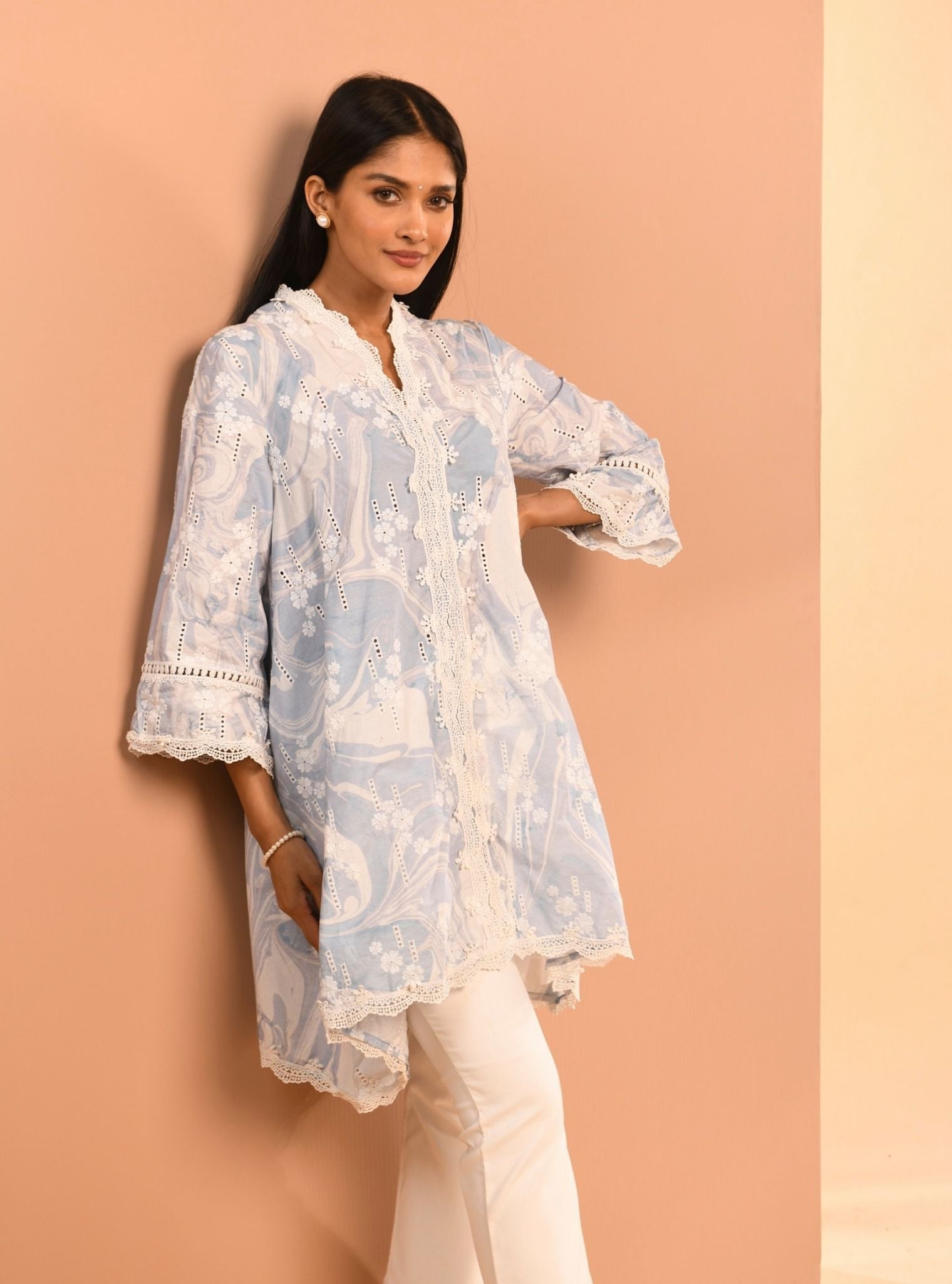 Mulmul Cotton Marble Wyn Blue Kurta