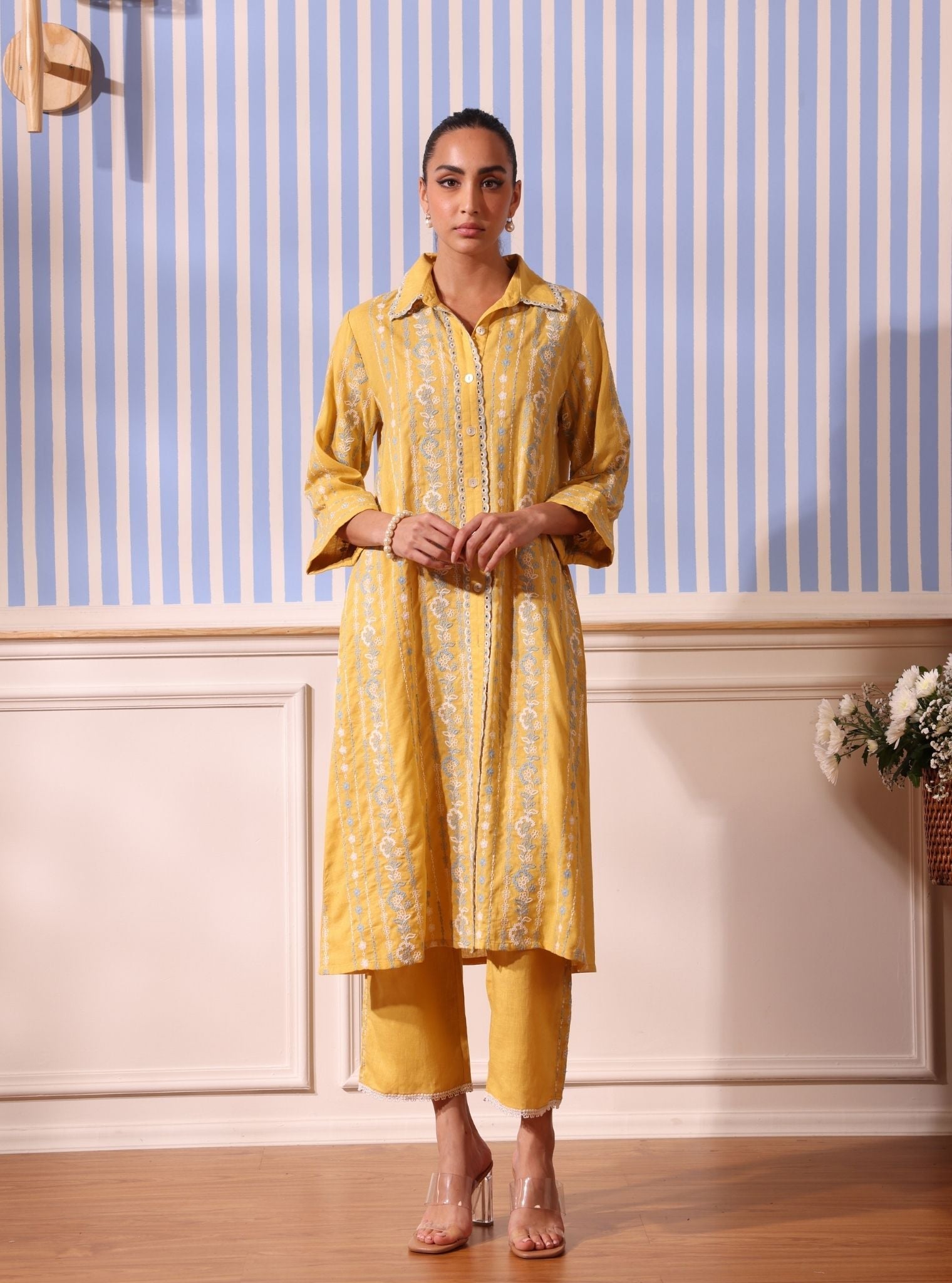 Mulmul Linen Iria Yellow Kurta With Mulmul Linen Iria Yellow Pant