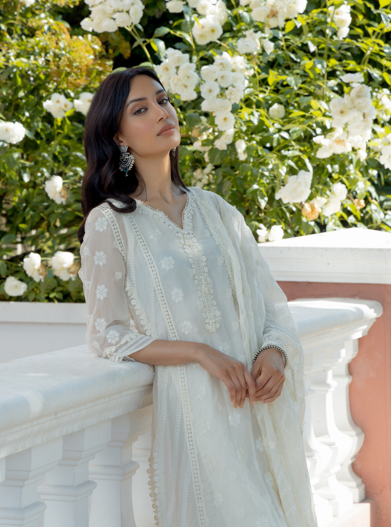 Mulmul Organza Armagh Off White Kurta With Chiffon Armagh Off White Sharara