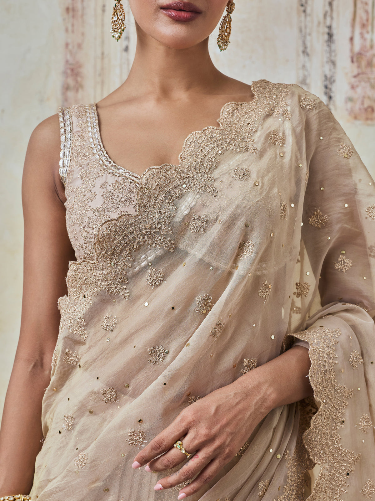 Adiva Lurex Organza Champagne Saree