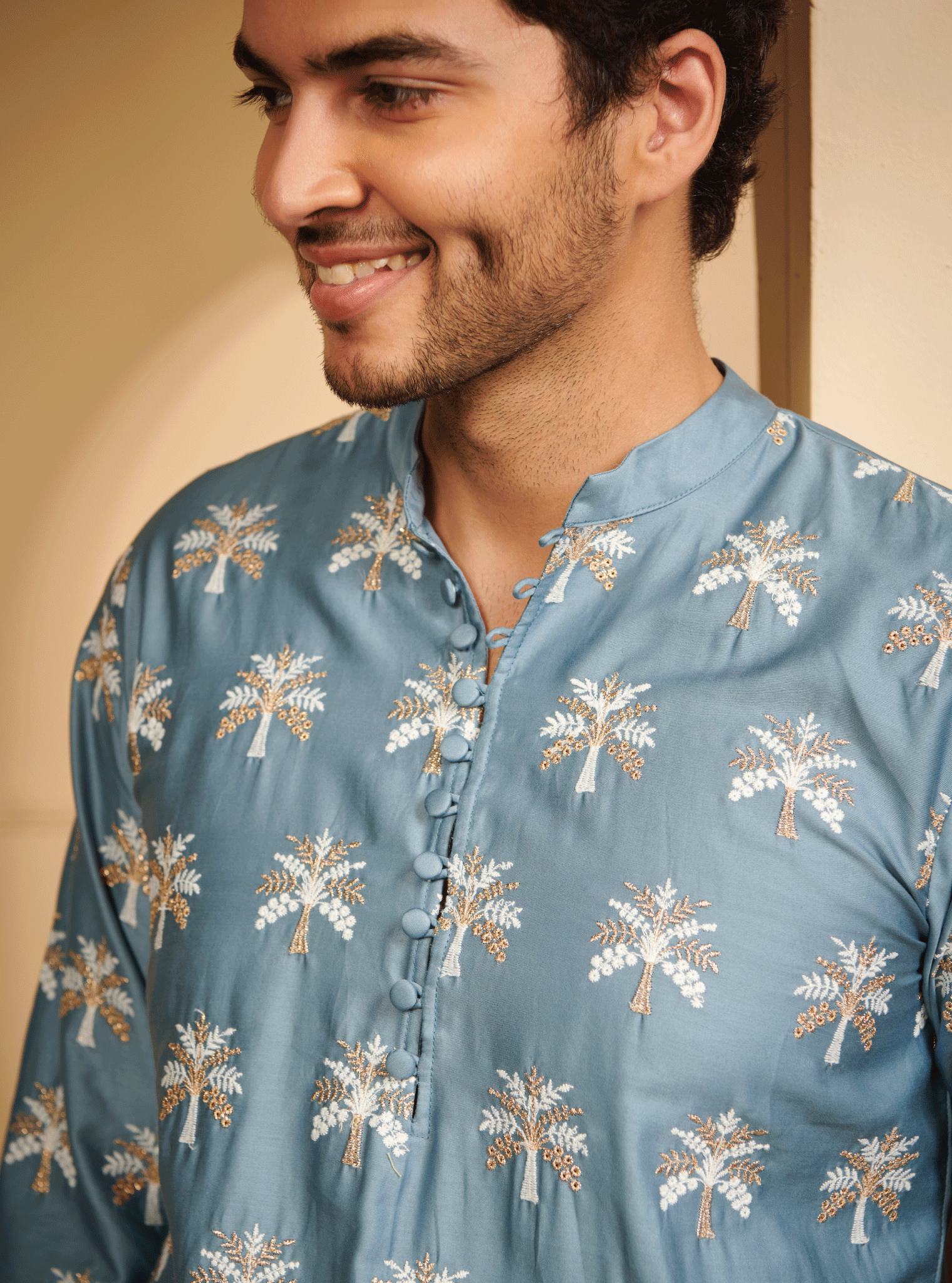 Mulmul Pima Satin Neo Denim Kurta With Mulmul Supima Cotton Neo White Pyajama