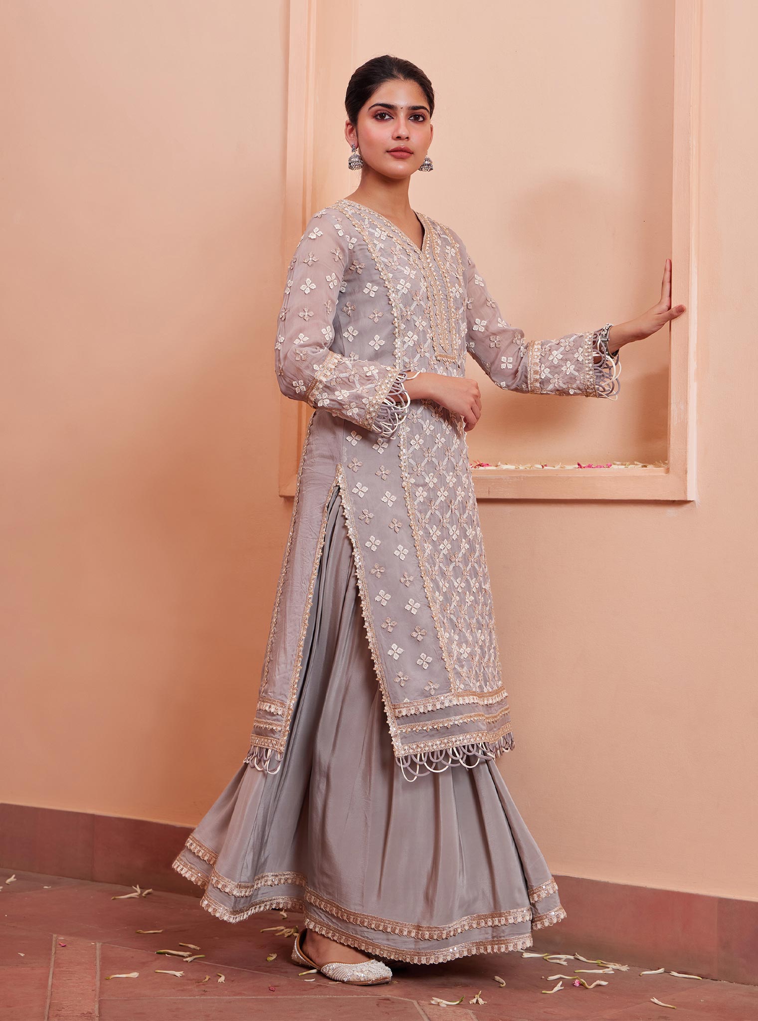 Mulmul Organza Citra Grey Kurta with Mulmul Crepe Citra Grey Skirt