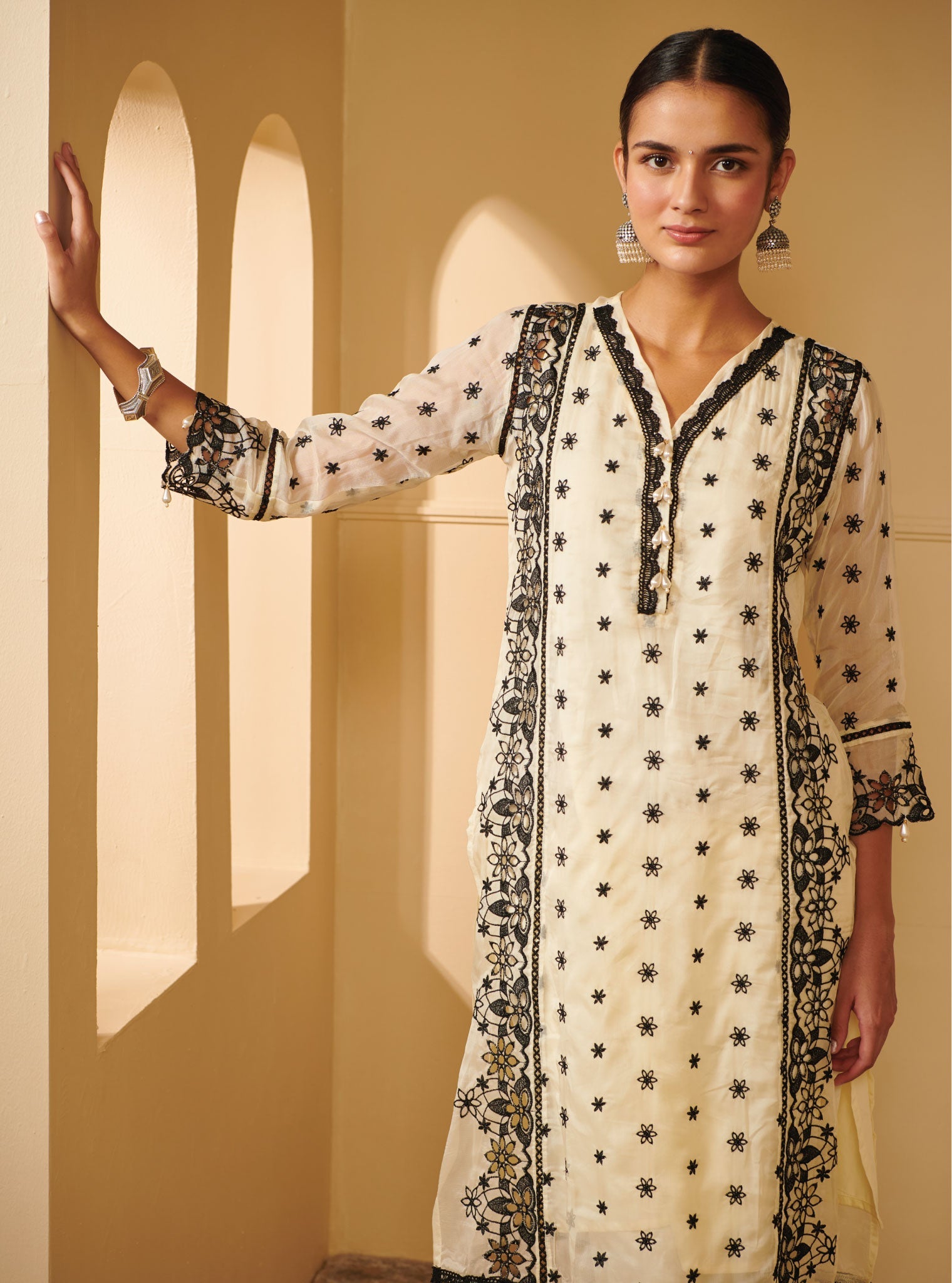 Mulmul Organza Valya Off White Kurta With Mulmul Pima Satin Valya Off White Pant