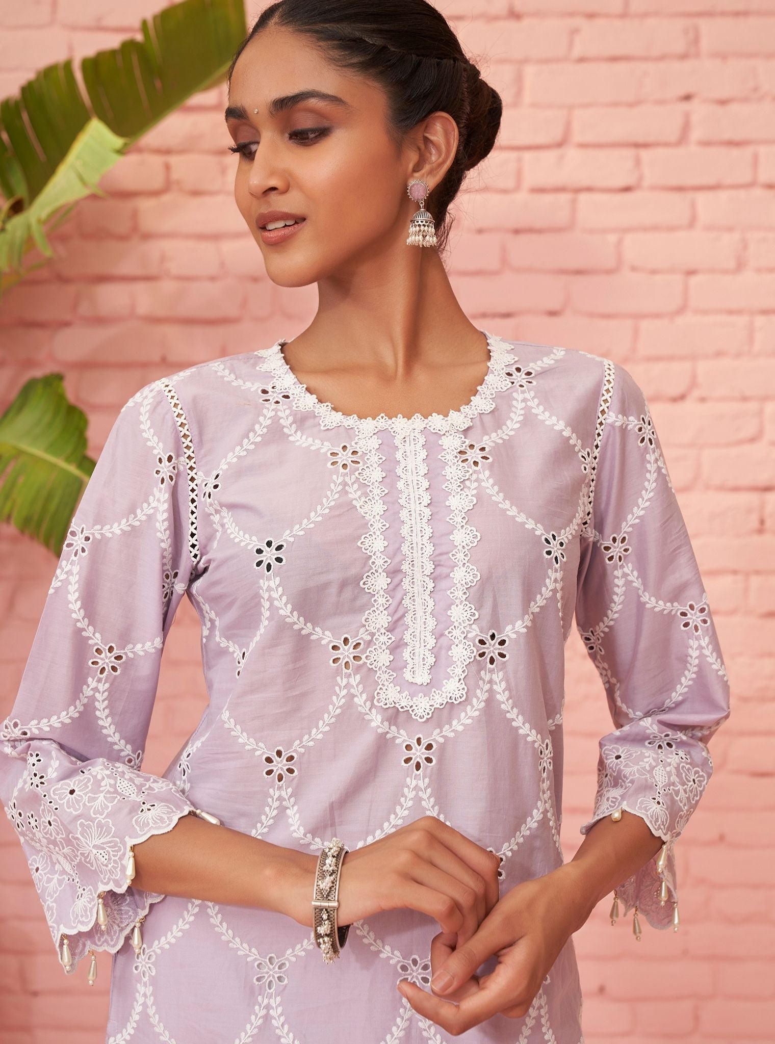 Mulmul Cotton Aashay Lilac Kurta With Mulmul Cotton Kriya White Pant