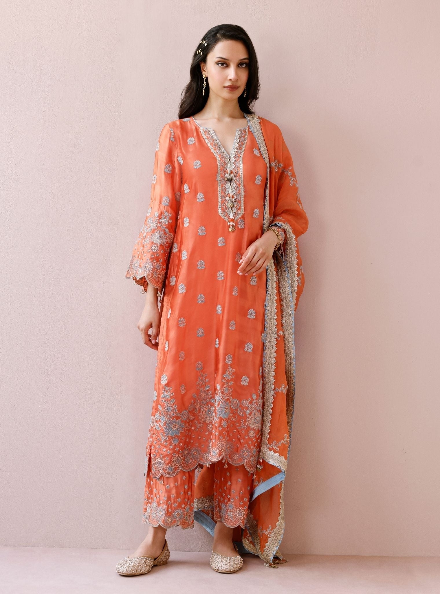 Laina Cupro Satin Orange Long Kurta Set