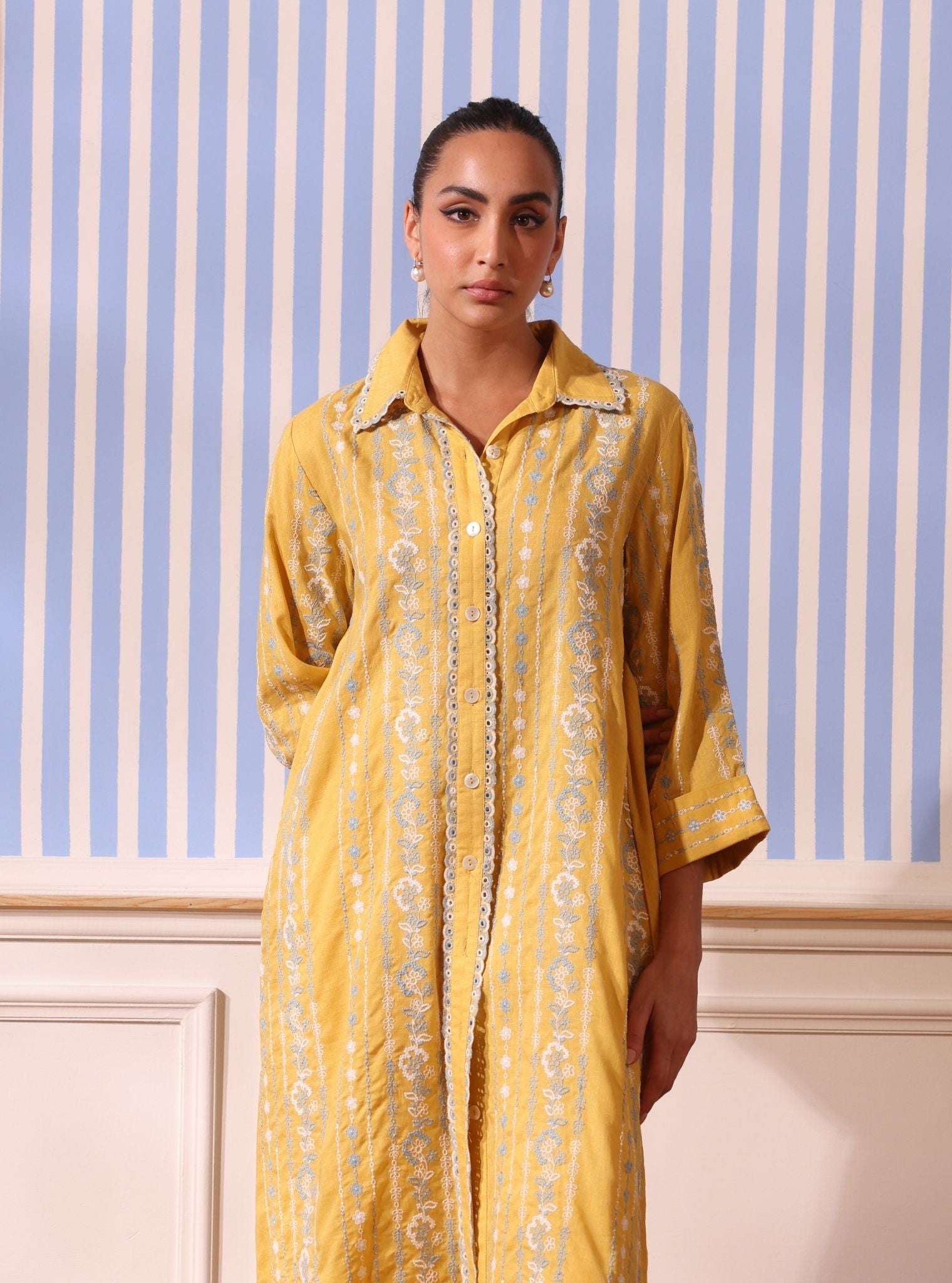 Mulmul Linen Iria Yellow Kurta With Mulmul Linen Iria Yellow Pant