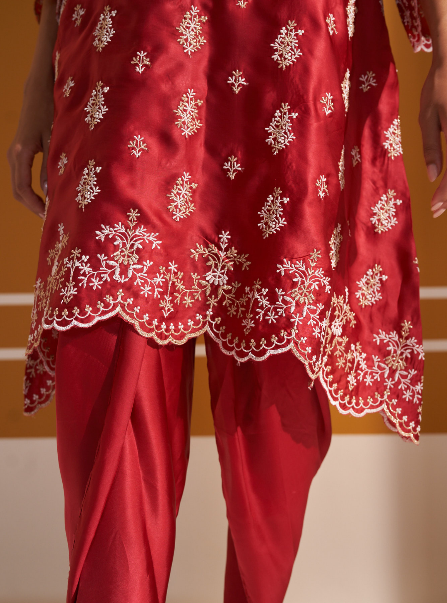 Mulmul Cupro Satin Callaia Red kurta With Mulmul Cupro Satin Callaia Red Salwar