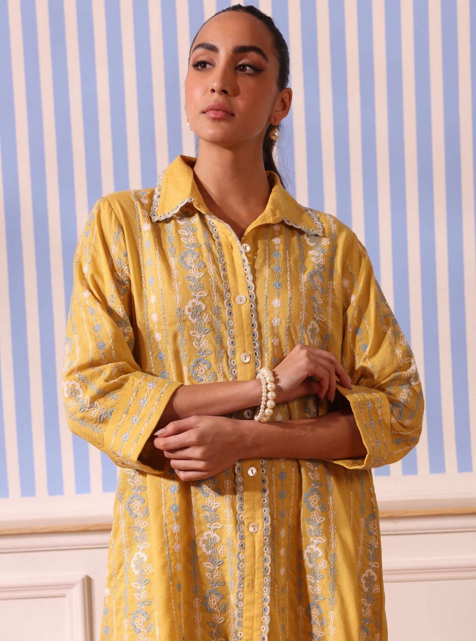 Mulmul Linen Iria Yellow Kurta With Mulmul Linen Iria Yellow Pant