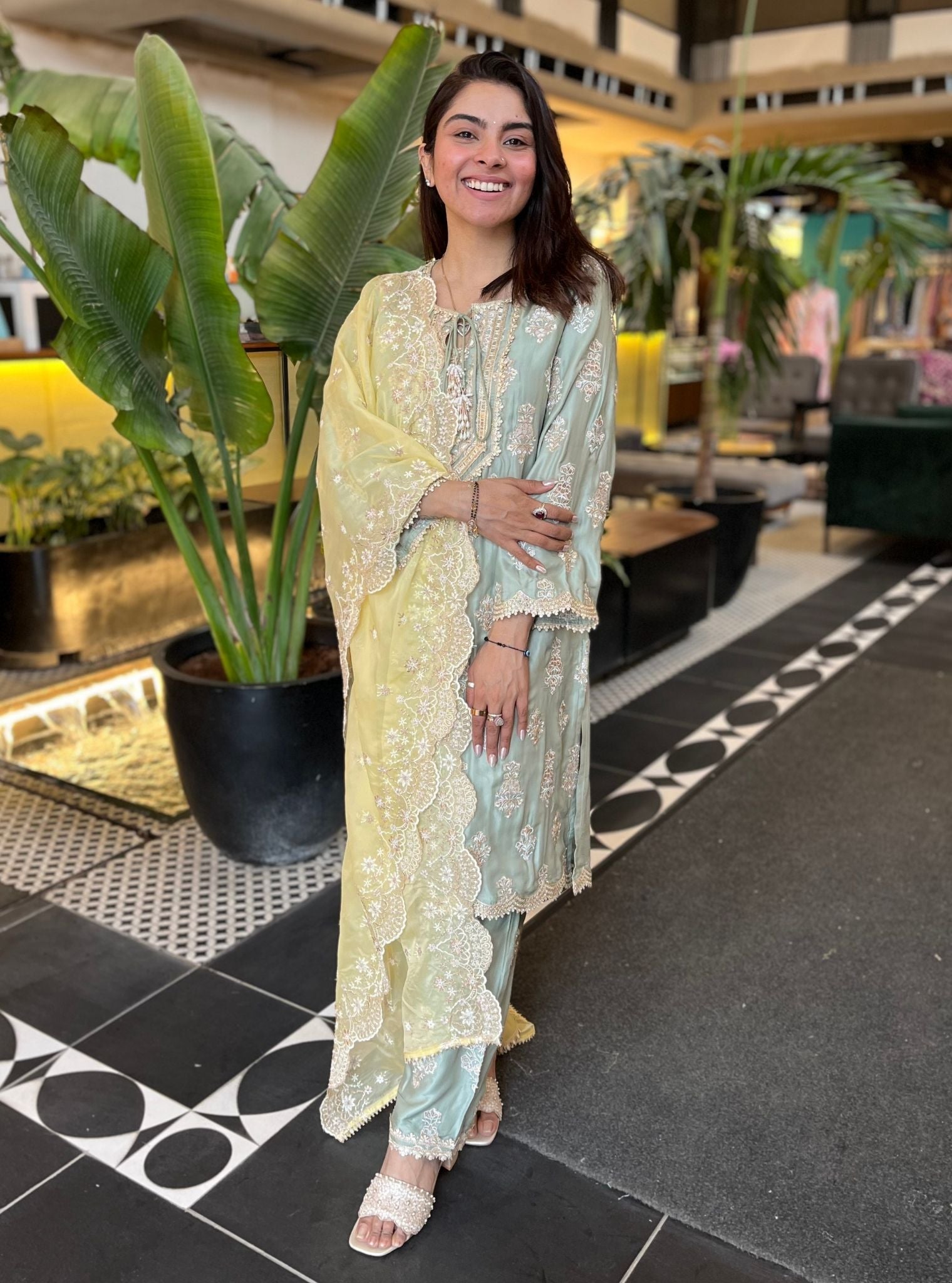 Intira Cupro Satin Sage Green Kurta Set