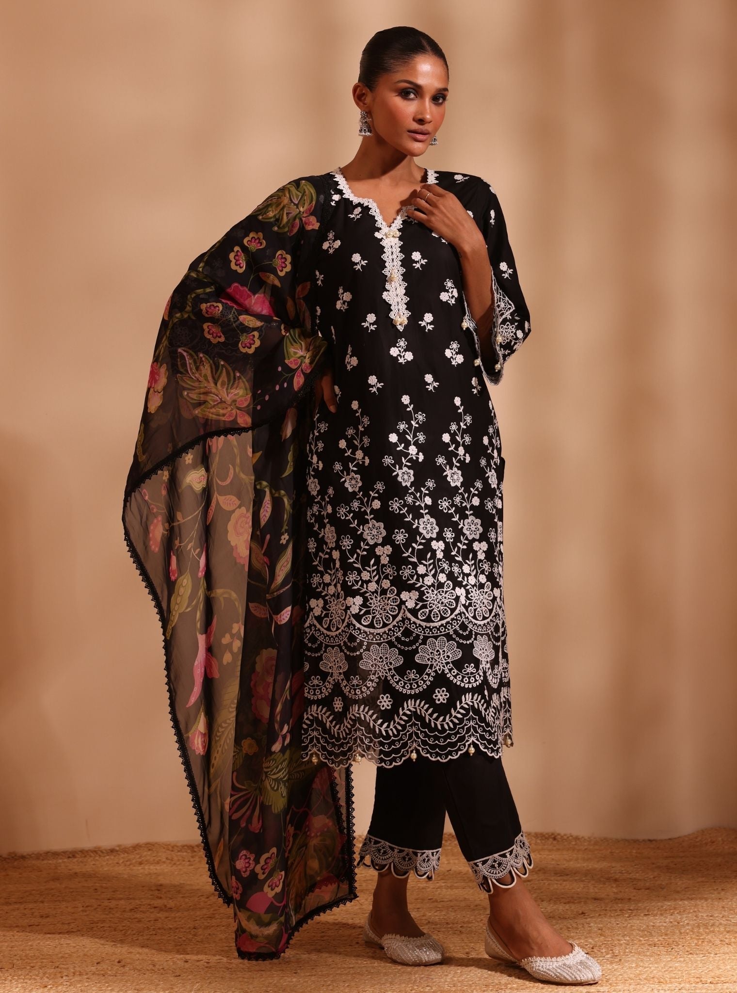 Mulmul Cotton Suma Black Kurta With Mulmul Cotton Ilya Black Pant