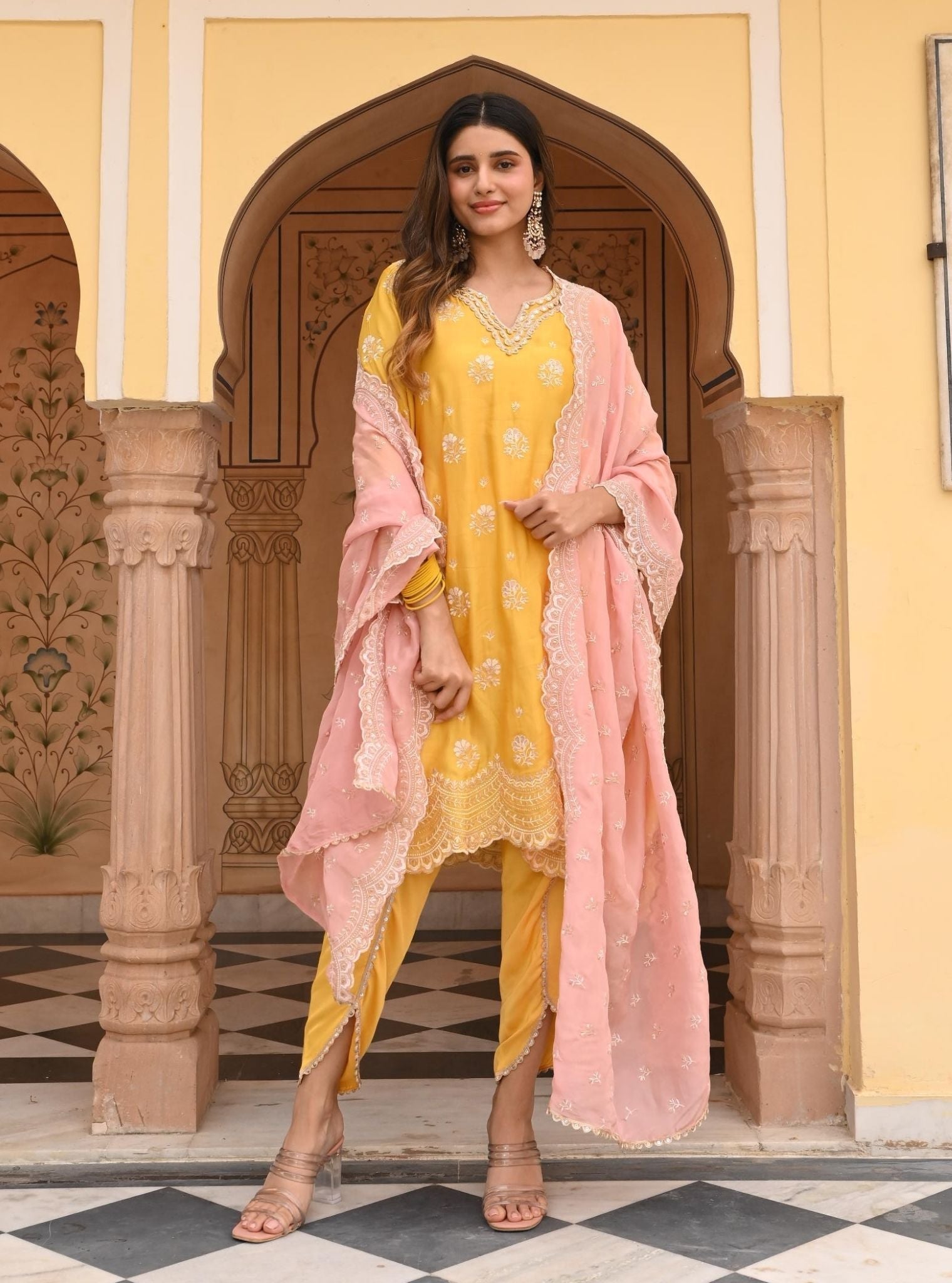 Mulmul Modal Satin Mehar Yellow Kurta with Mulmul Modal Satin Mehar Yellow Pant