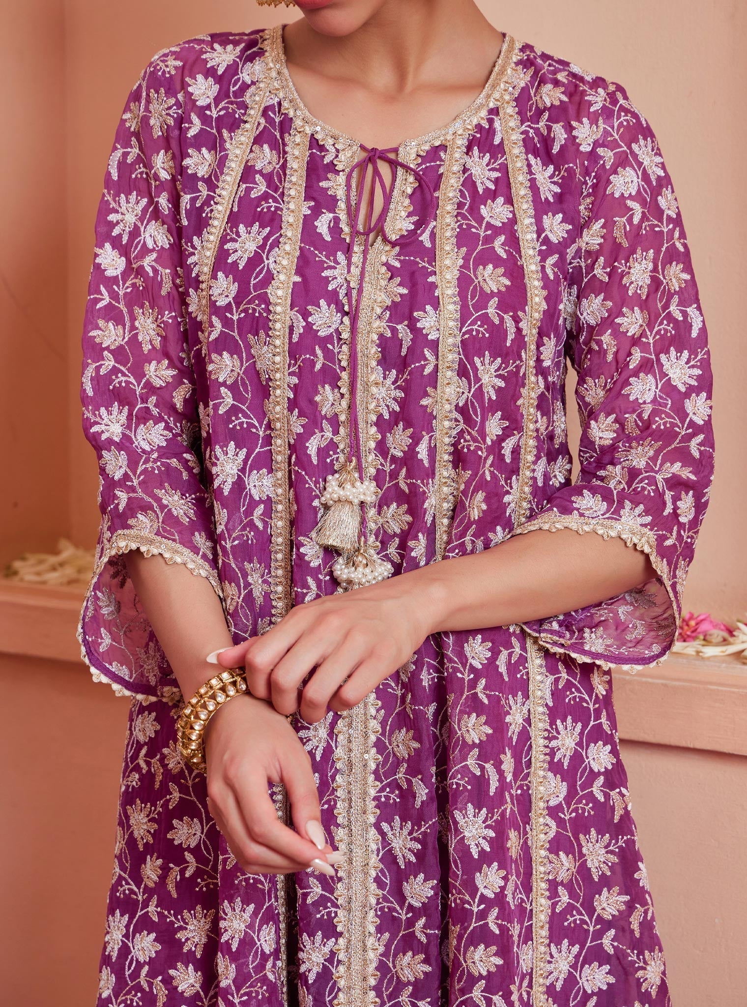 Mulmul Organza Jivya Anarkali Lilac Kurta with Mulmul Pima Jivya Lilac Pant