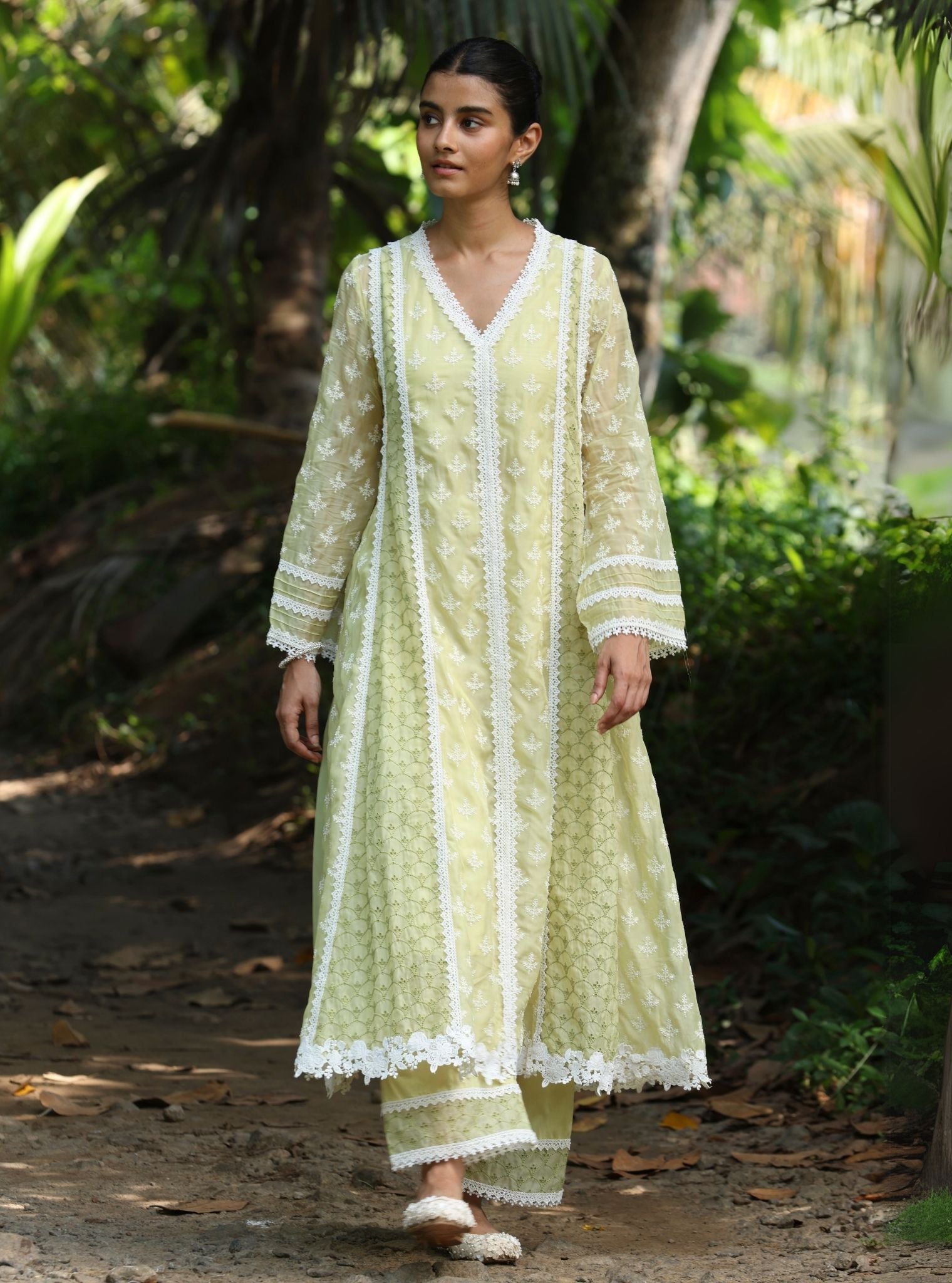 Mulmul Organza Maheen Lime Anarkali Kurta With Mulmul Cotton Maheen Lime Pant