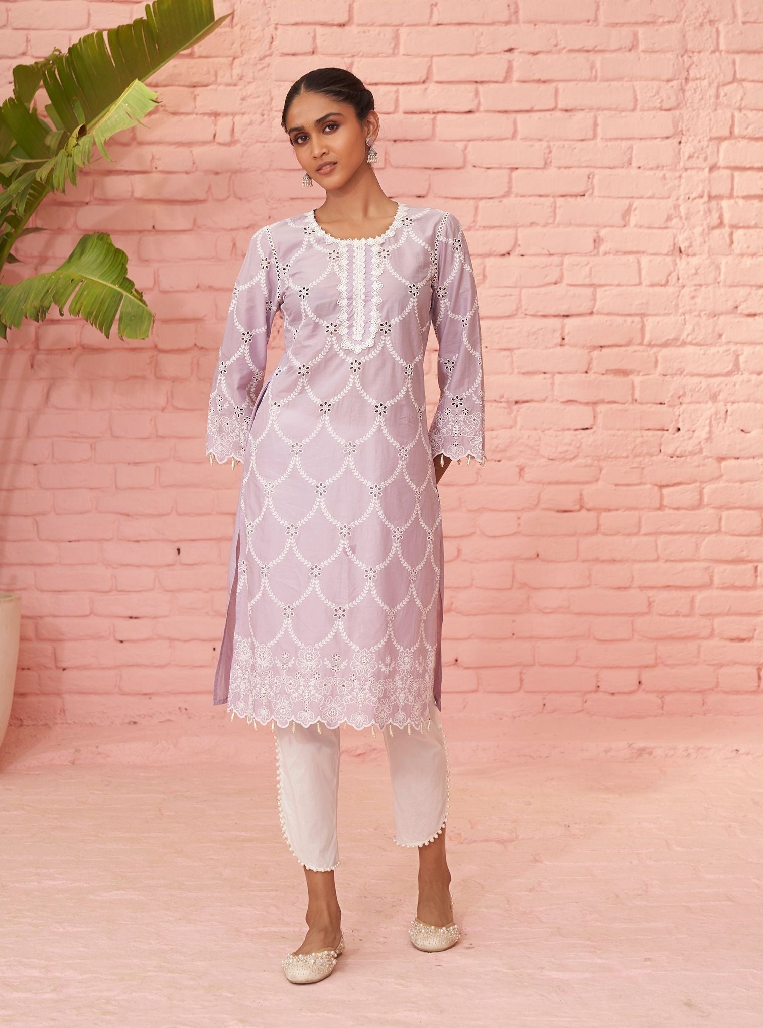 Mulmul Cotton Aashay Lilac Kurta With Mulmul Cotton Kriya White Pant