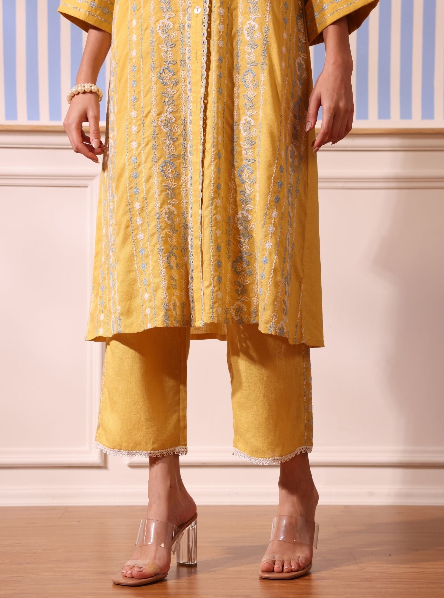 Mulmul Linen Iria Yellow Kurta With Mulmul Linen Iria Yellow Pant