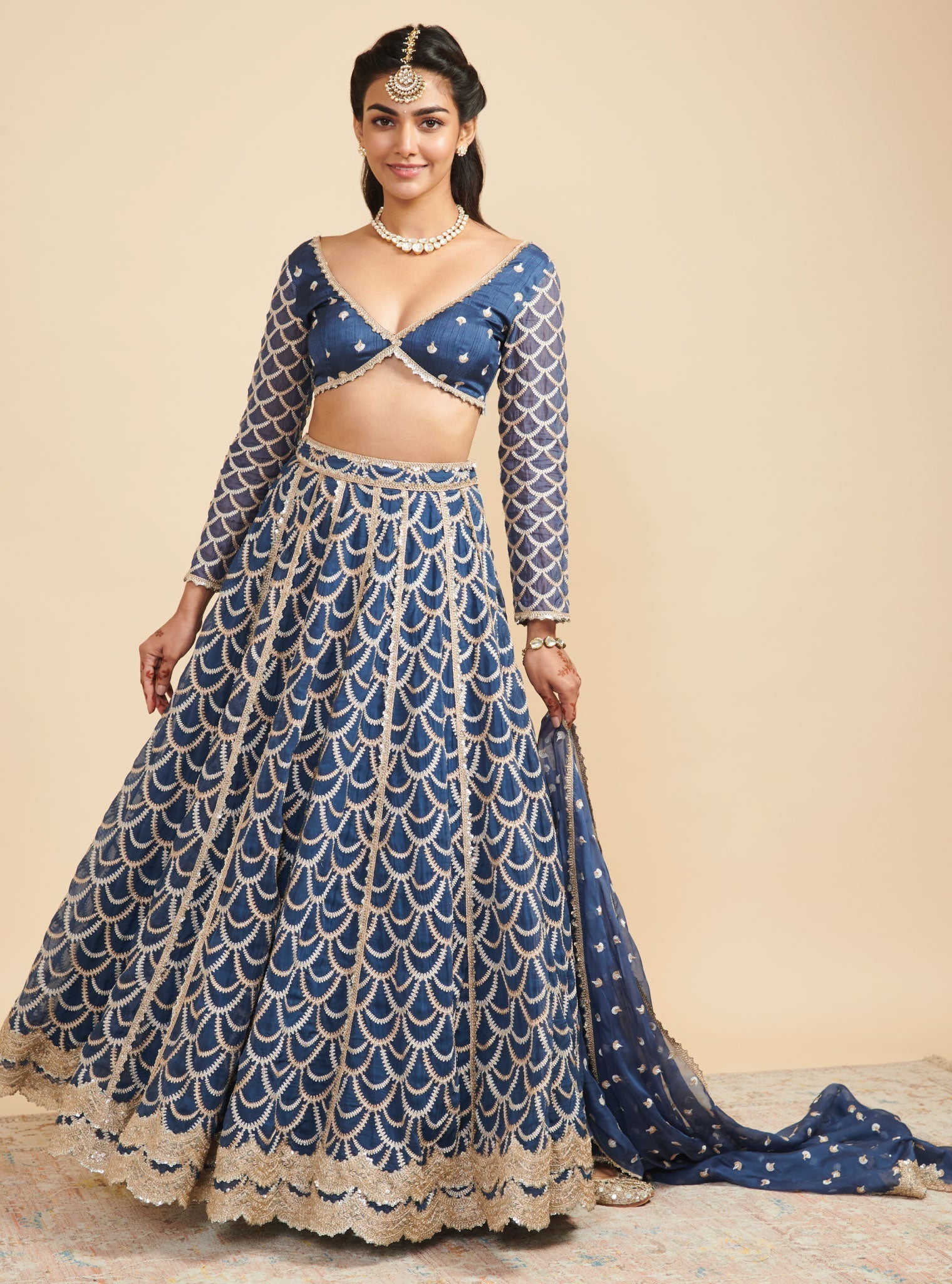 Mulmul Organza Morni Navy Lehenga