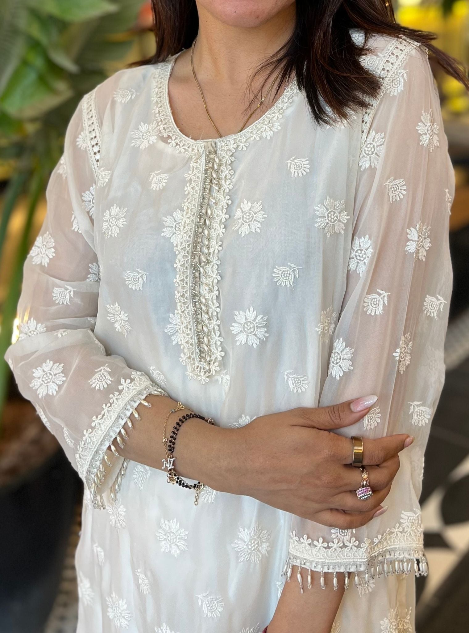 Mulmul Organza Nour Off White Kurta With Mulmul Cotton Nour Off White Pant