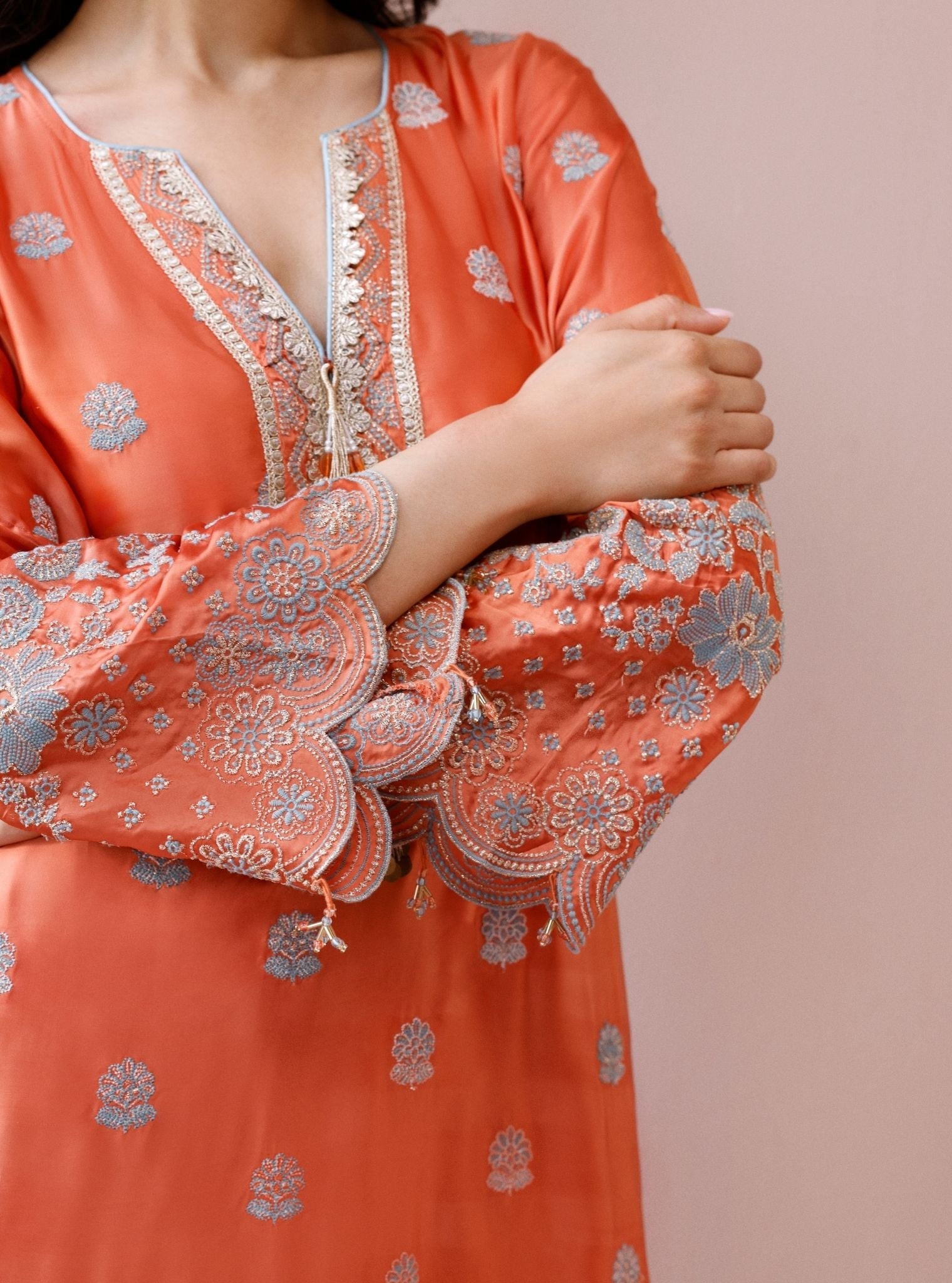 Laina Cupro Satin Orange Long Kurta Set