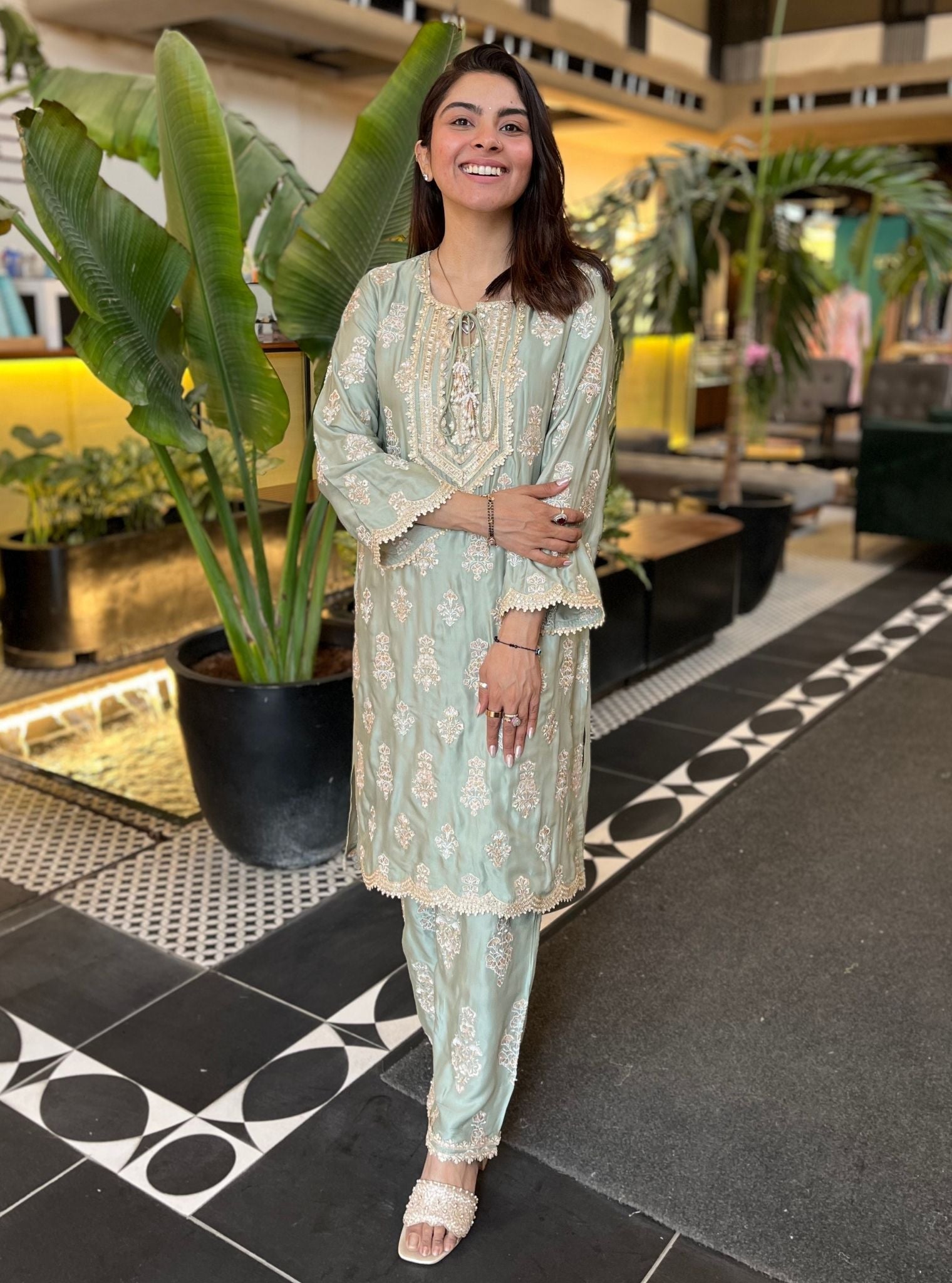 Intira Cupro Satin Sage Green Kurta Set