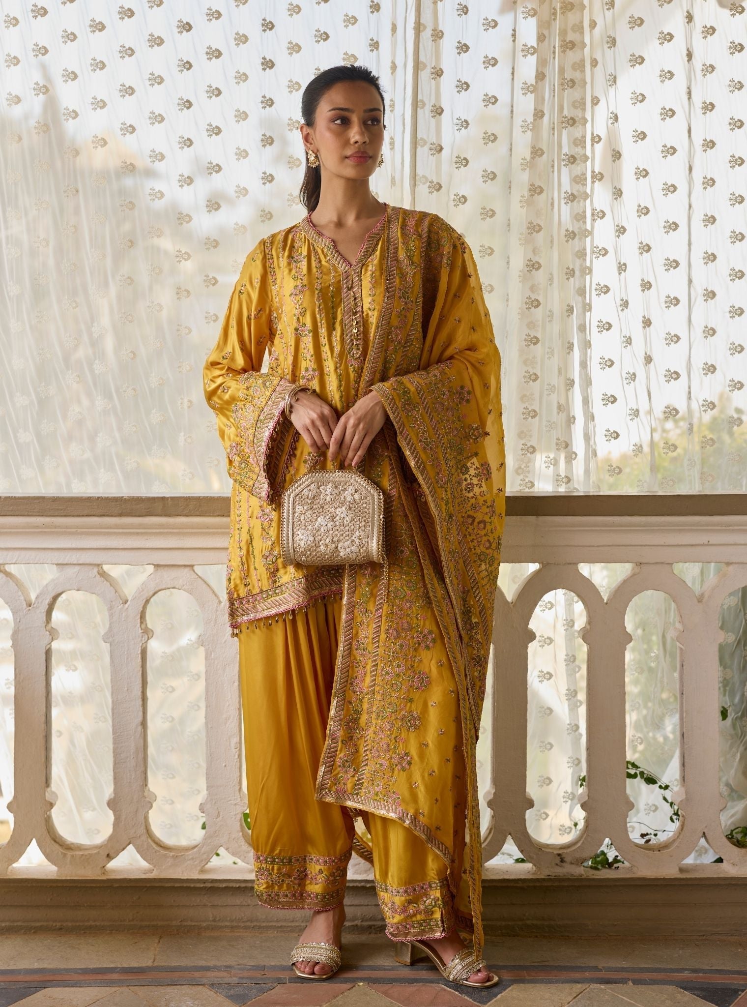 Pralika Bemberg Satin Mustard Kurta With Farshi Salwar