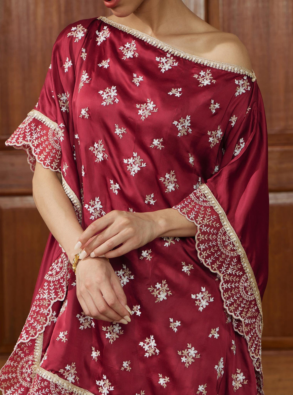 Kasuni Cupro Wine Kaftan with Dhoti Pant Set
