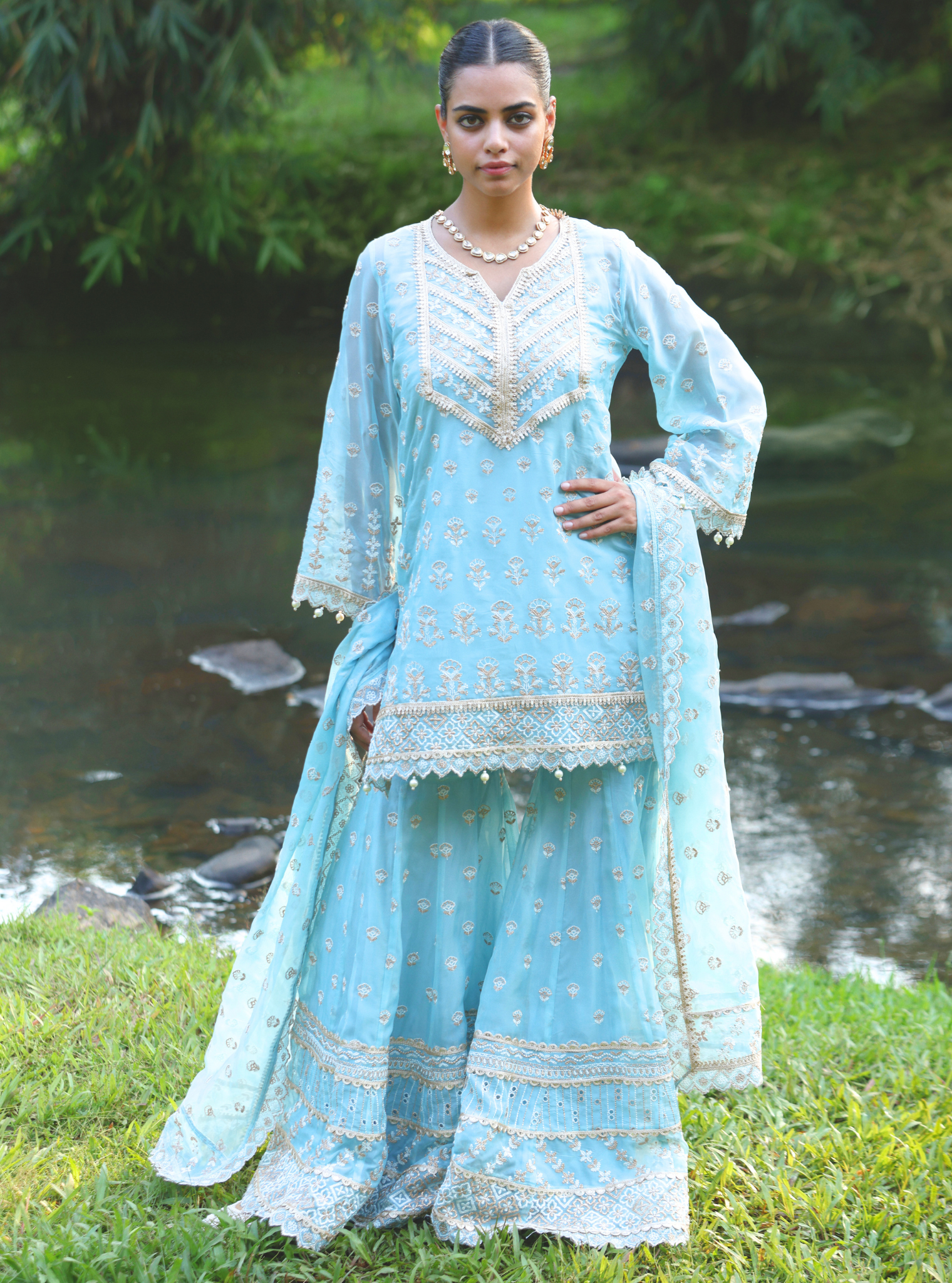 Mulmul Organza Kahani Blue Kurta With Mulmul Organza Kahani Blue Sharara