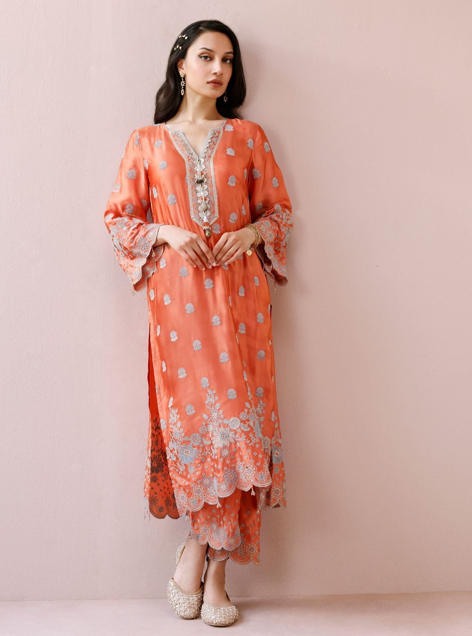 Laina Cupro Satin Orange Long Kurta Set
