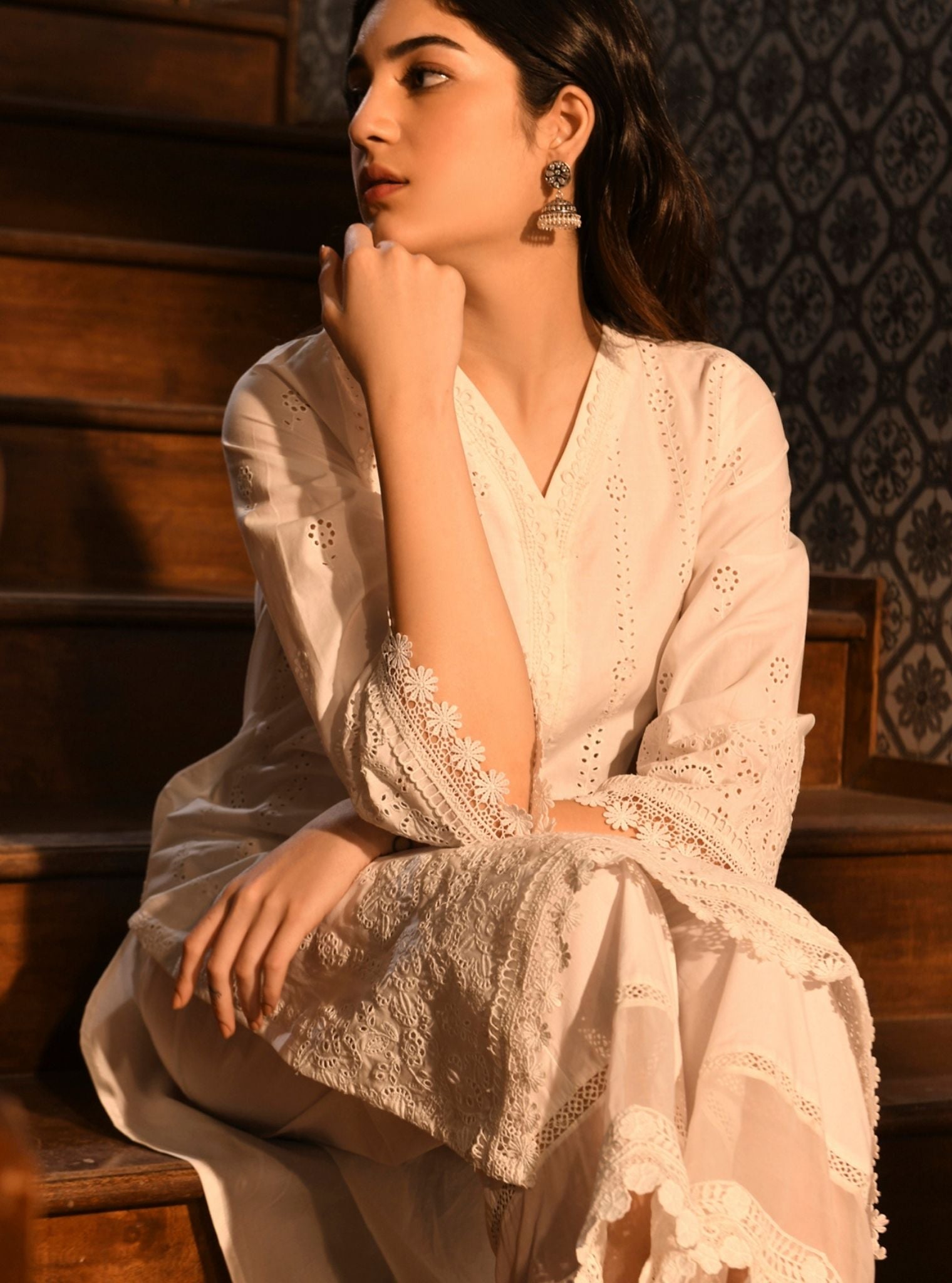 Mulmul Cotton Fila White Kurta With Mulmul Cotton Floral Lace Flared White Pant