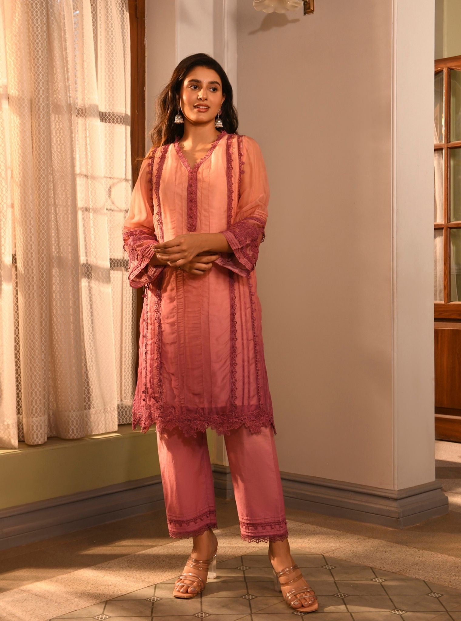 Mulmul Organza Vaya Pink Kurta With Mulmul Cotton Vaya Pink Pant