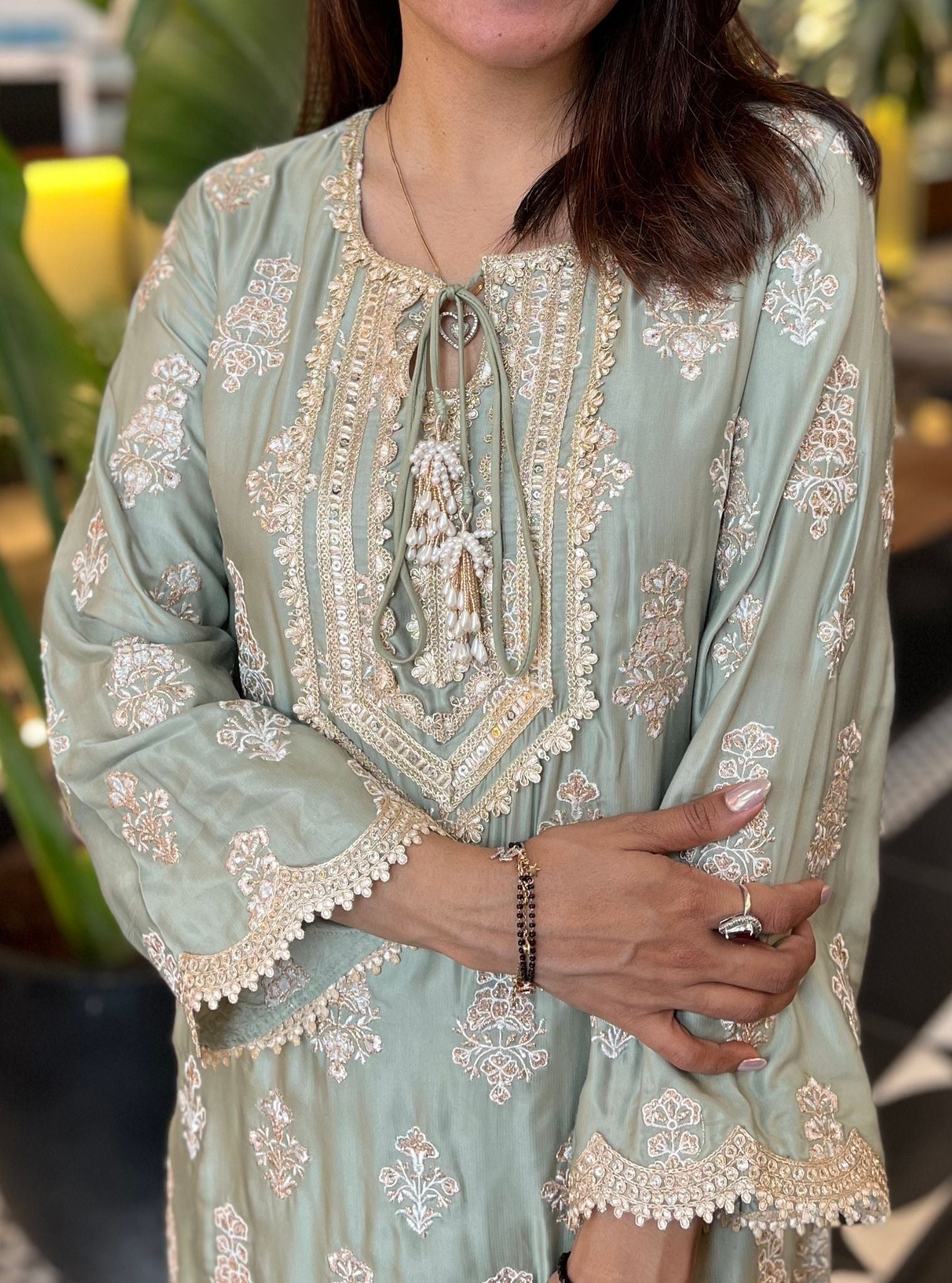 Intira Cupro Satin Sage Green Kurta Set