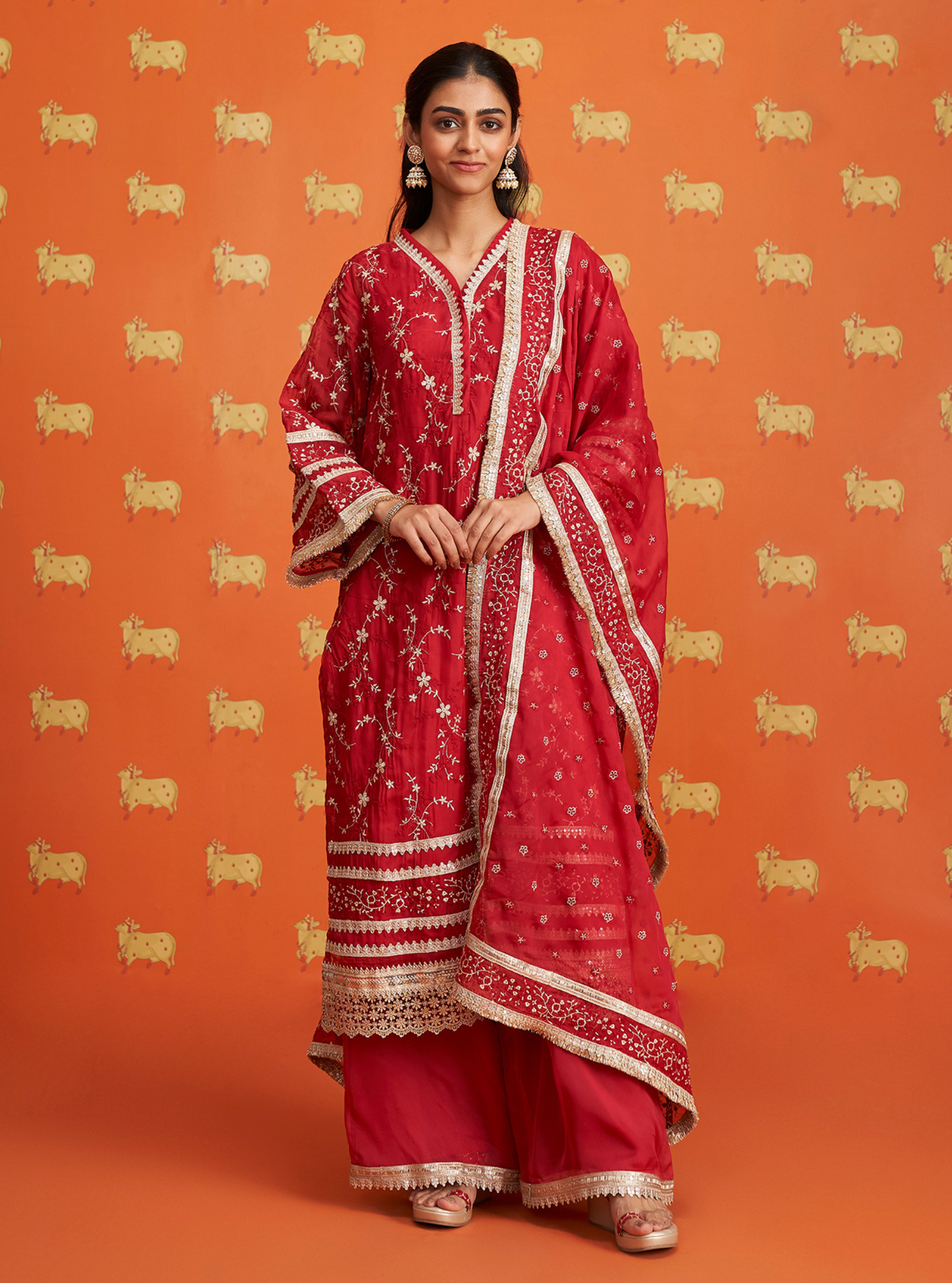 Mulmul Organza Cinda Red Kurta With Mulmul Organza Cinda Red Pant