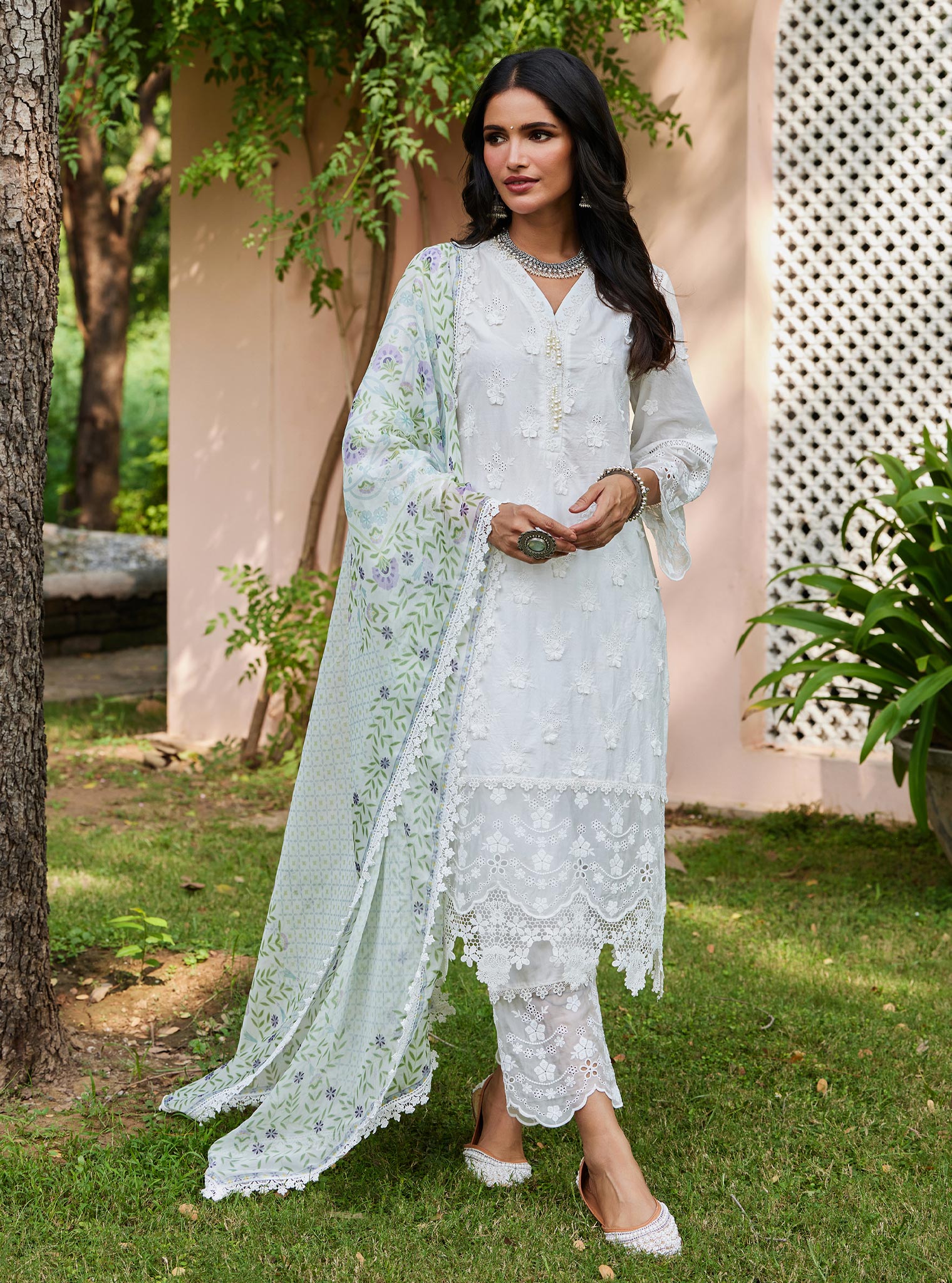 Mulmul Cotton Reeva Off White Kurta with Mulmul Cotton Reeva Off White Pant