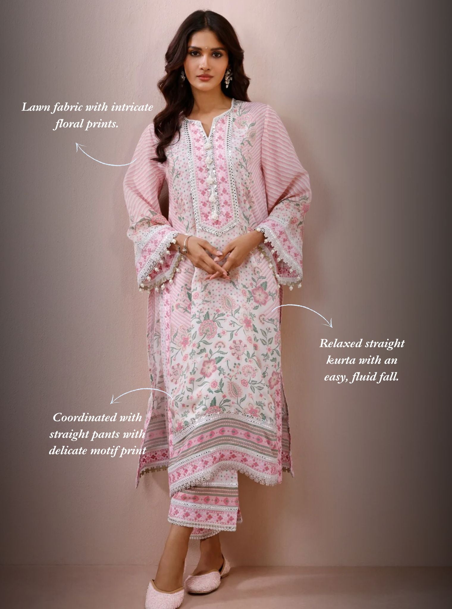 Olisha Lawn Off White & Pink Kurta Set