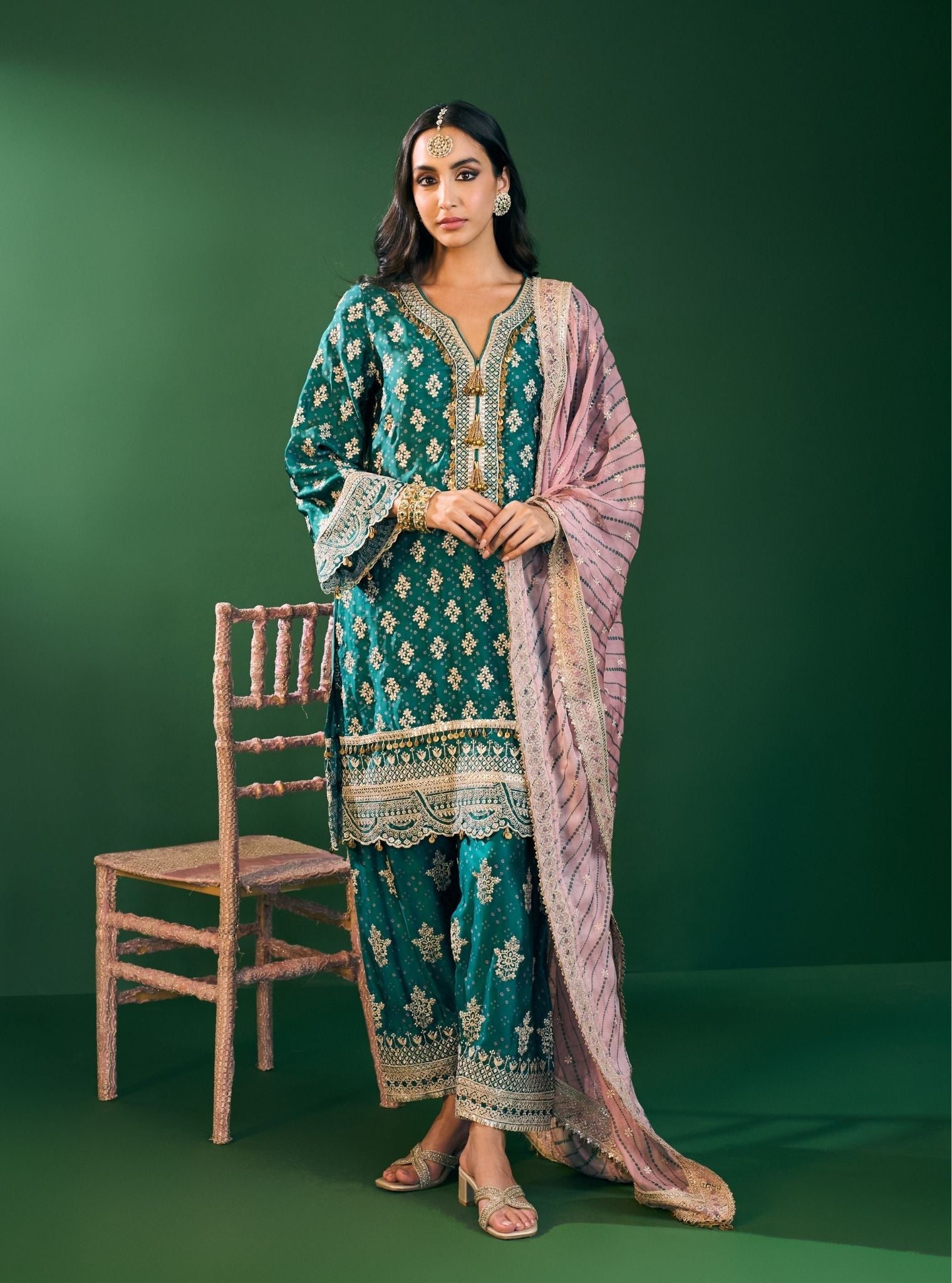 Elira Cupro Satin Emerald Green Kurta Sets