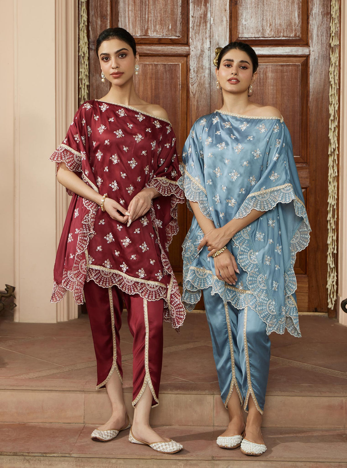 Kasuni Cupro Wine Kaftan with Dhoti Pant Set