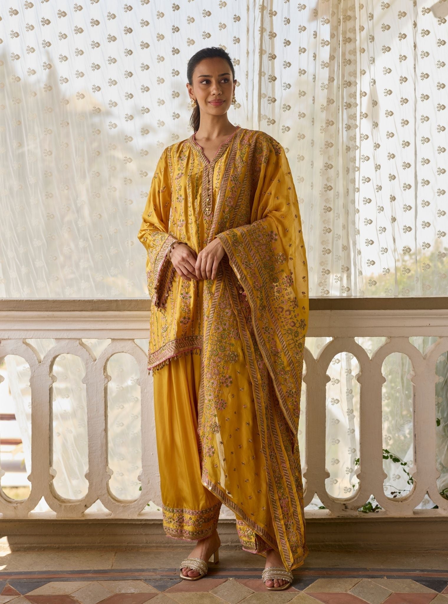 Pralika Bemberg Satin Mustard Kurta With Farshi Salwar