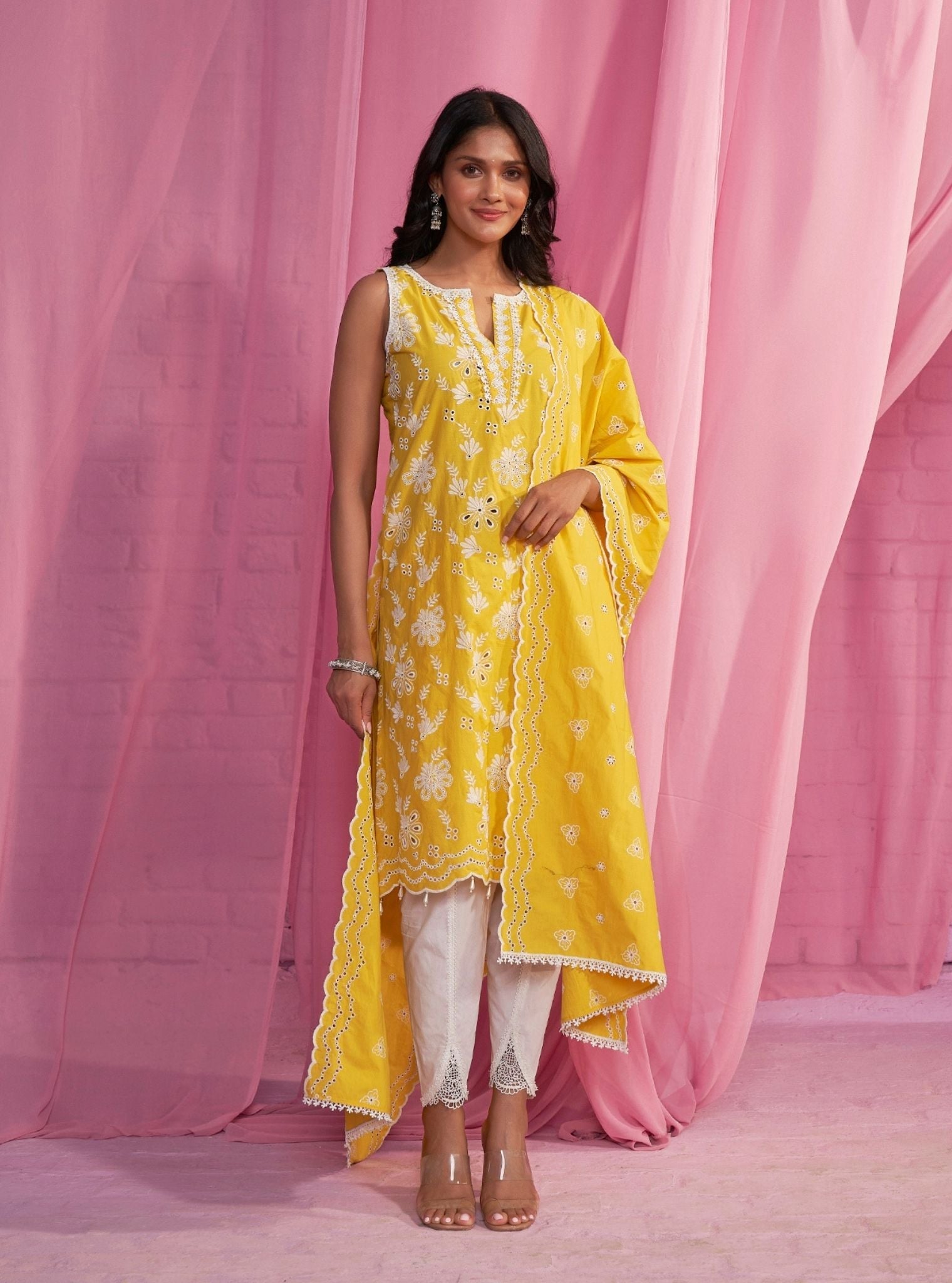 Mulmul Cotton Neel Yellow Kurta With Mulmul Cotton Aashvi White Pant