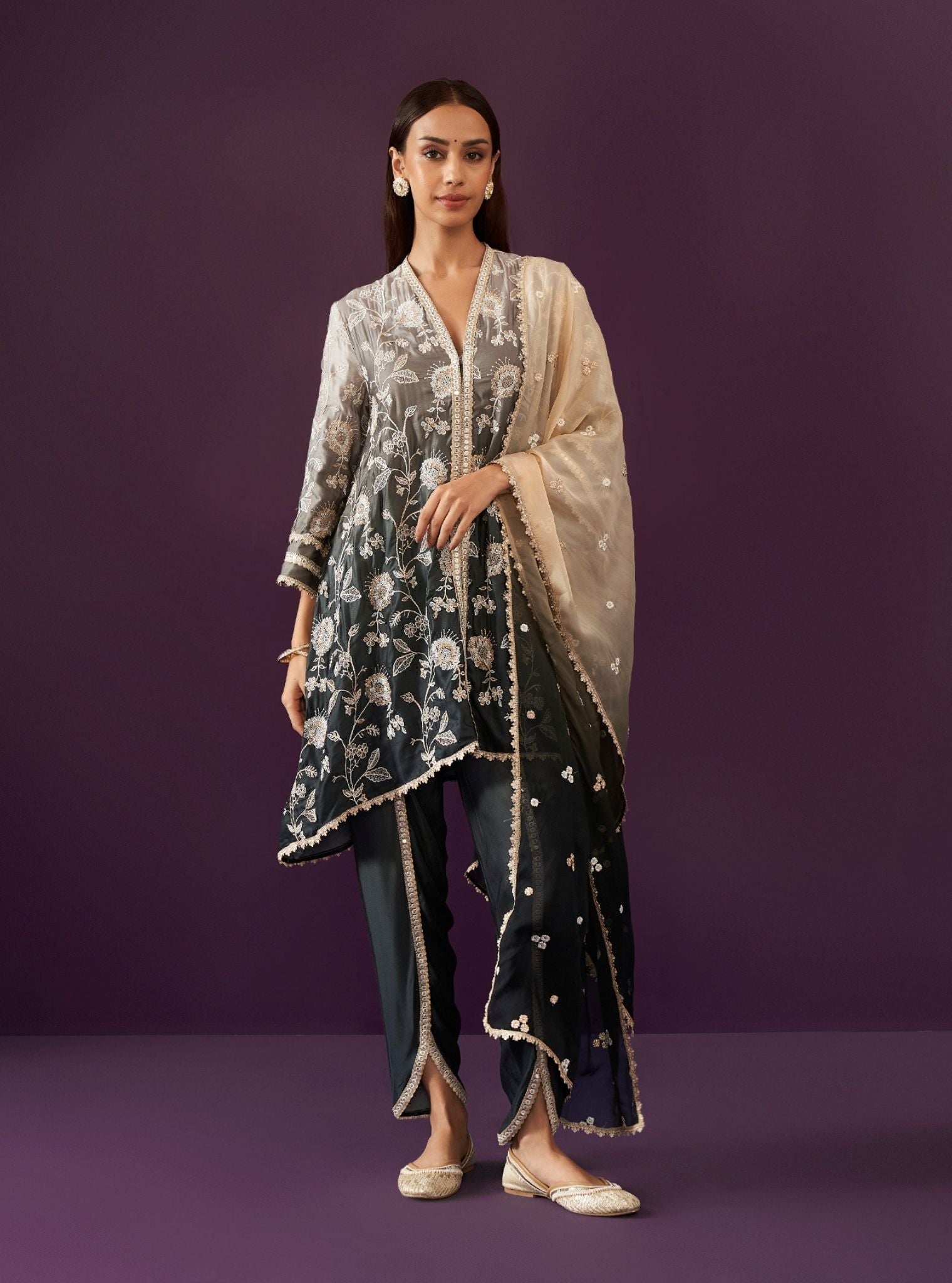 Mulmul Ombre Cupro Satin Evanthe Black Kurta With Mulmul Ombre Cupro Satin Evanthe Black Dhoti Pant