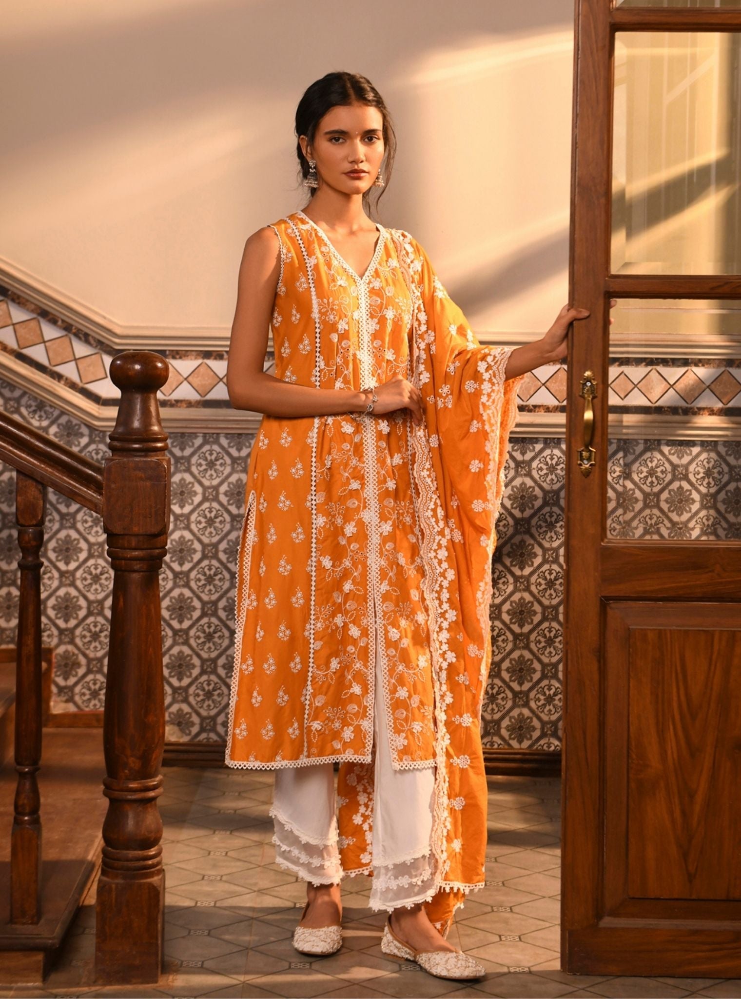 Mulmul Cotton Ensi Orange Kurta With Mulmul Cotton Round Hem Organza Panel White Pant