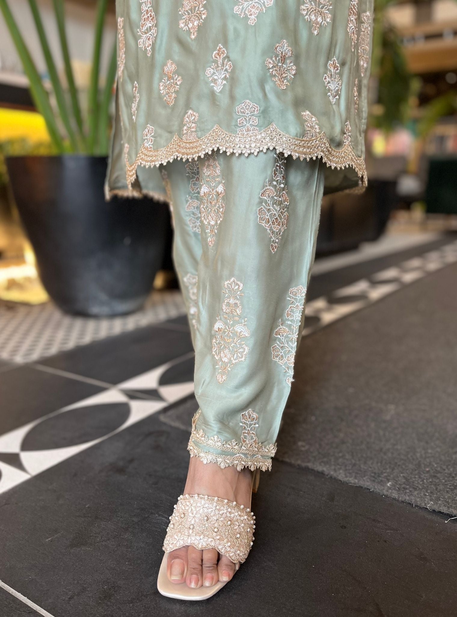 Intira Cupro Satin Sage Green Kurta Set
