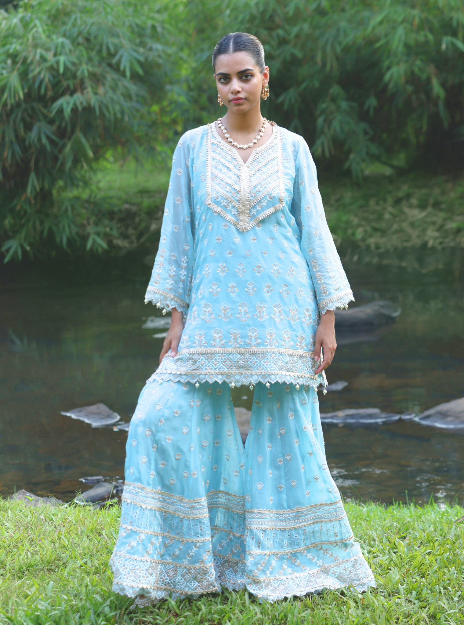 Mulmul Organza Kahani Blue Kurta With Mulmul Organza Kahani Blue Sharara