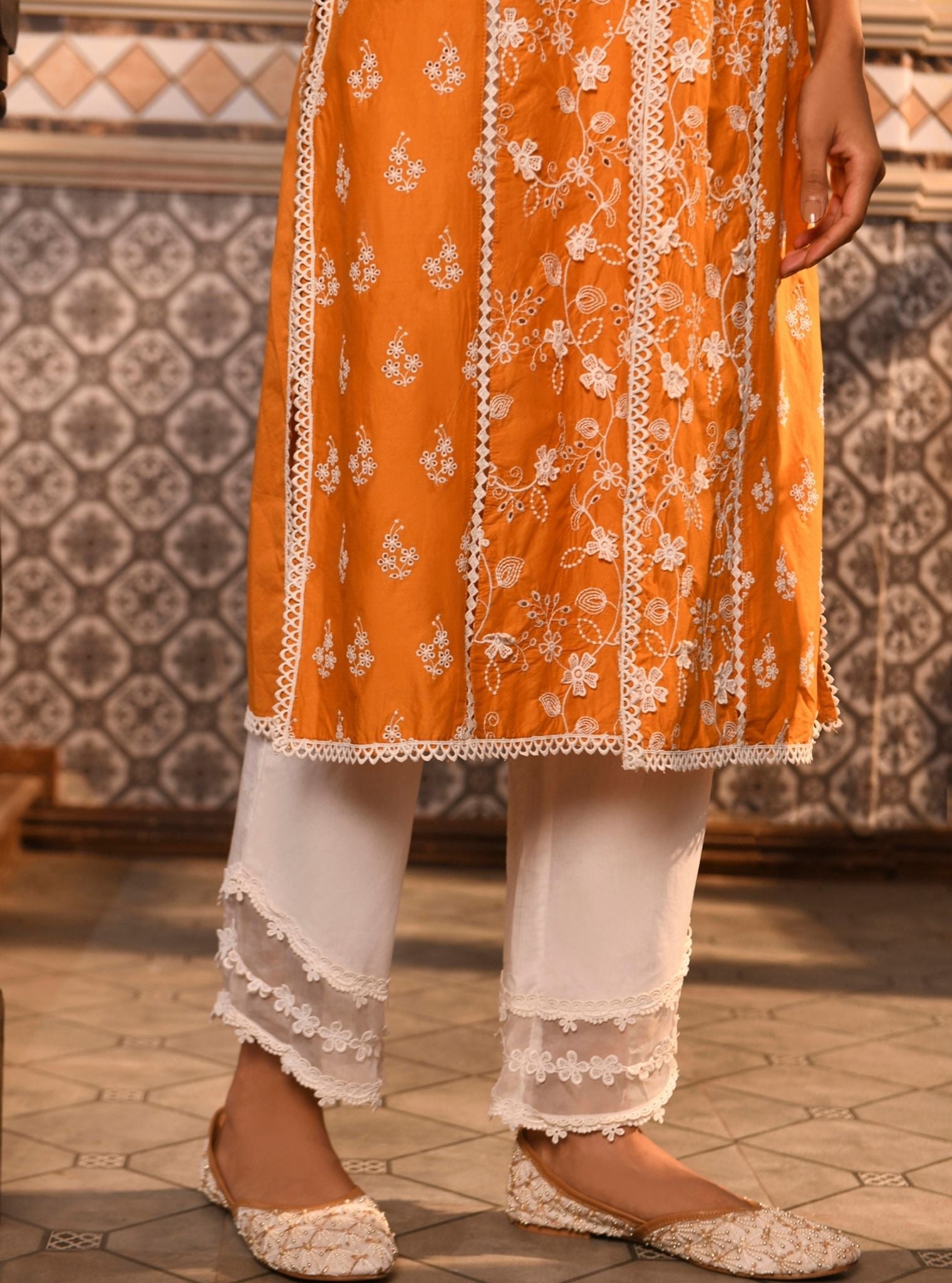 Mulmul Cotton Ensi Orange Kurta With Mulmul Cotton Round Hem Organza Panel White Pant