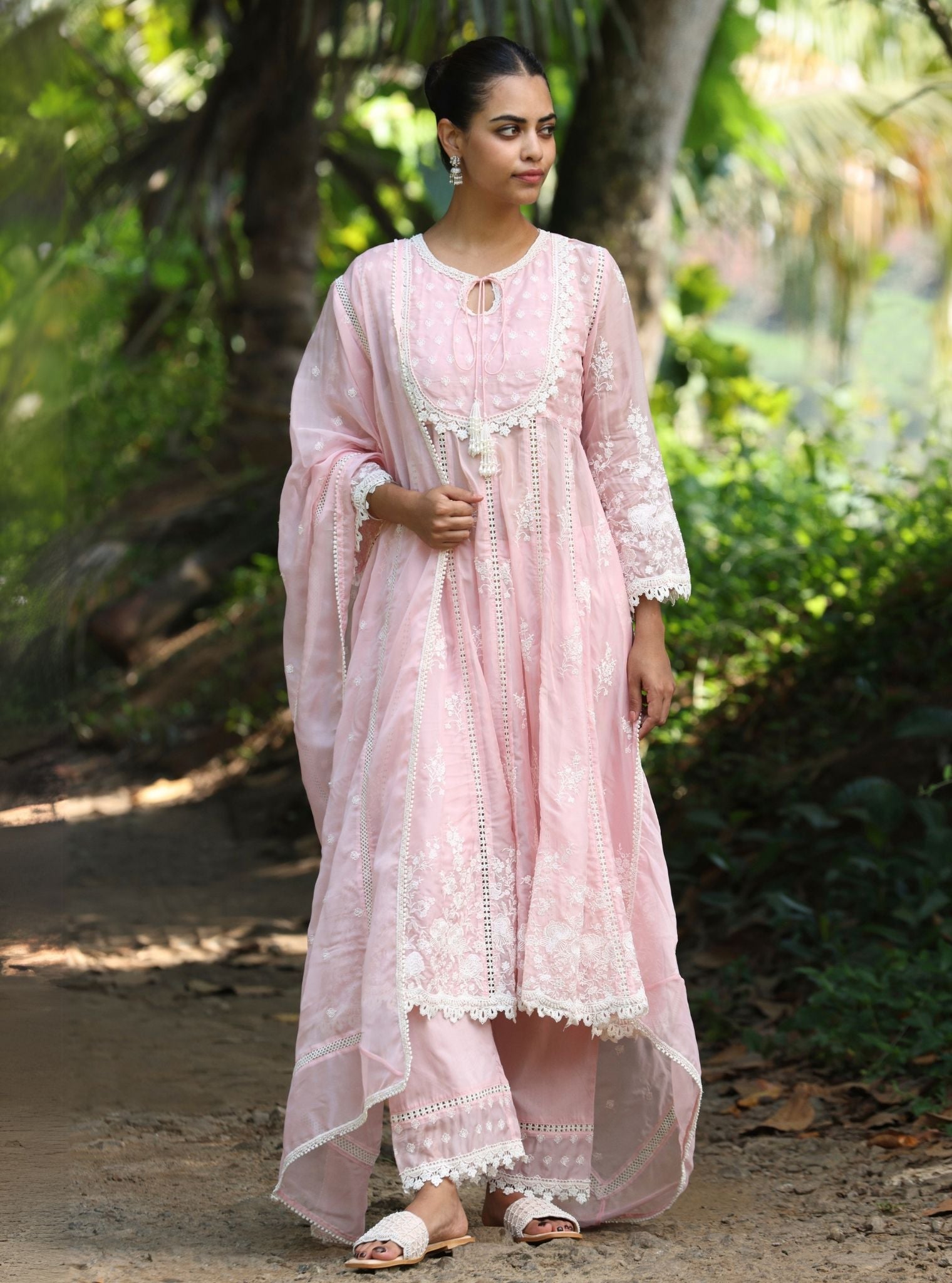 Mulmul Organza Neesa Pink Anarkali Kurta With Mulmul Cotton Neesa Pink Pant