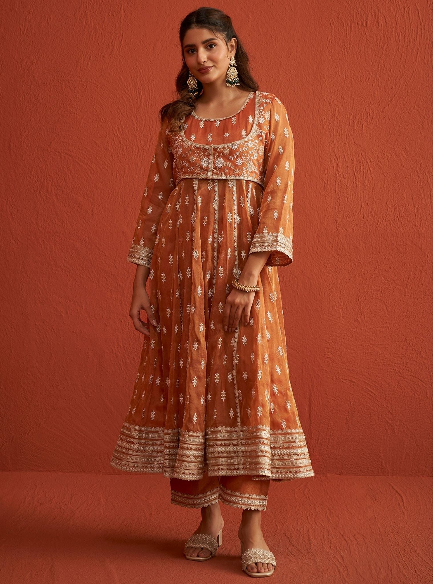 Mulmul Royal Tissue Genda Burnt Orange Anarkali Kurta With Mulmul Tissue Linen Satin Genda Burnt Orange Pant