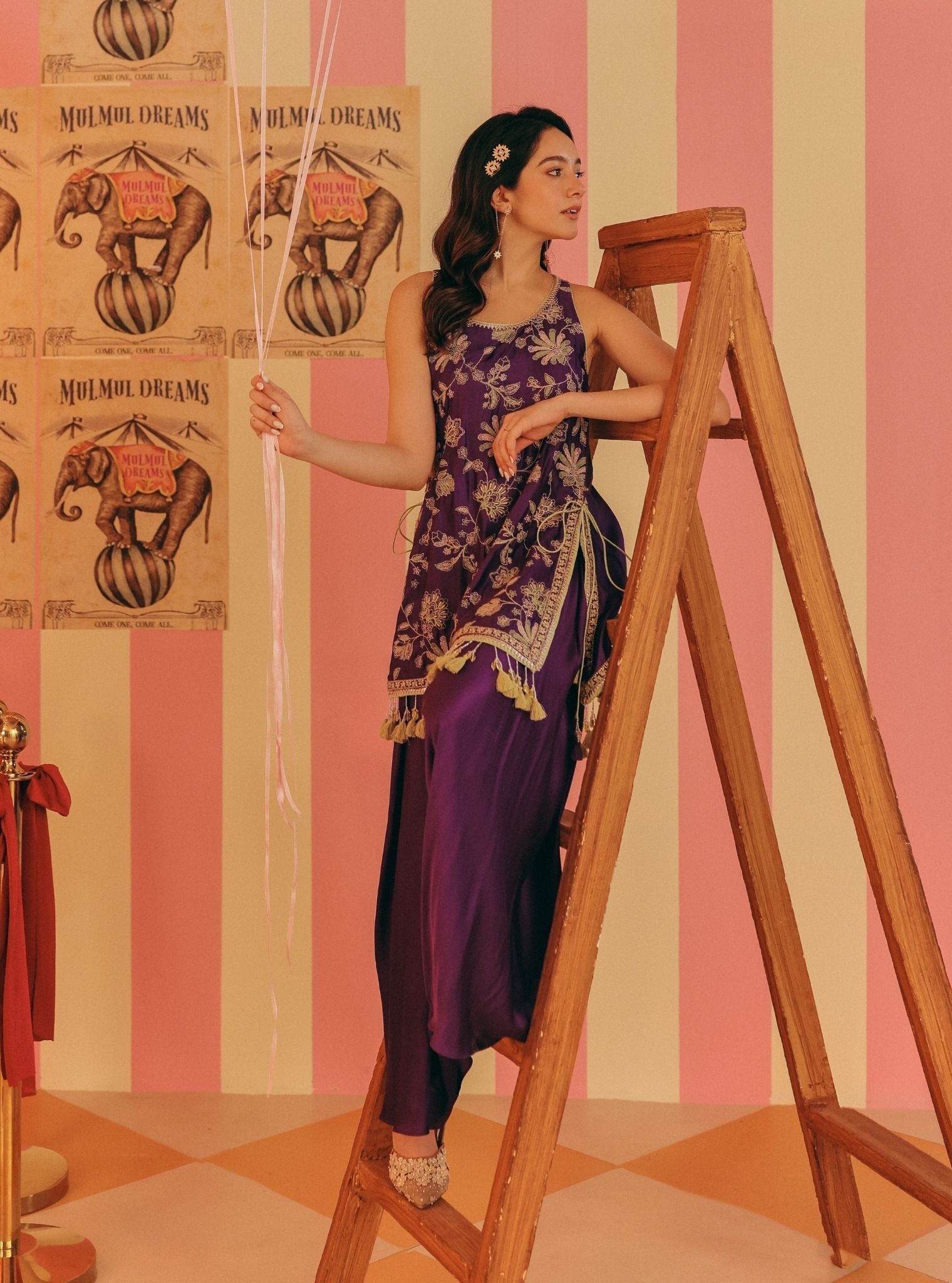 Zani Cupro Satin Purple Kurta with Draped Pants