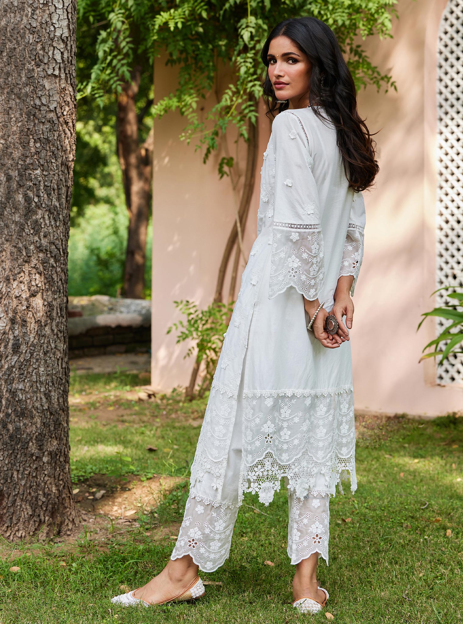 Mulmul Cotton Reeva Off White Kurta with Mulmul Cotton Reeva Off White Pant